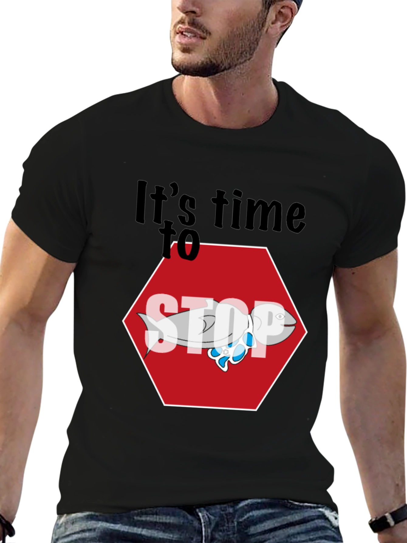 Black It's Time to STOP Fish Stop Sign Graphic Tee view 6