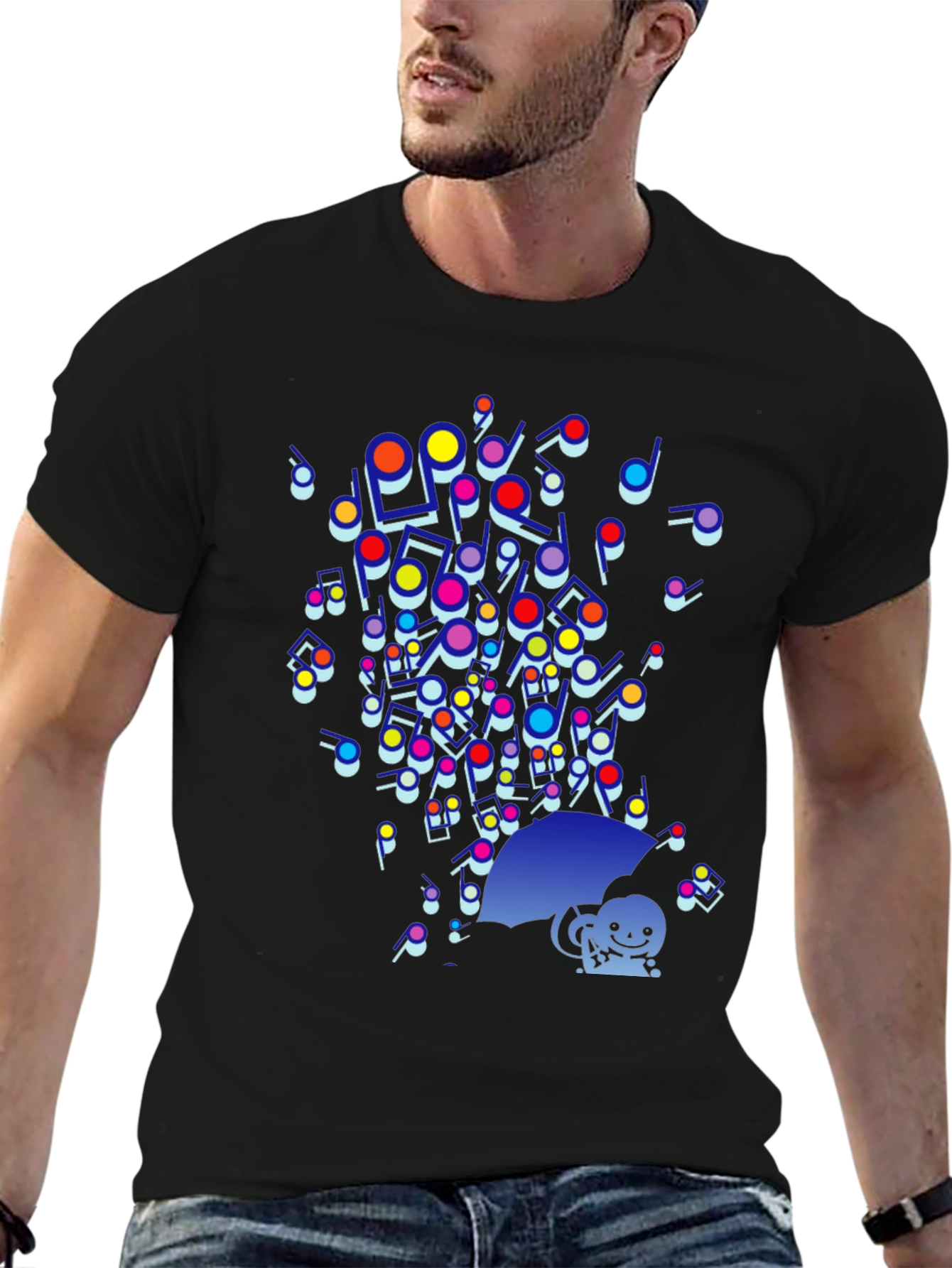 Black Colorful Music Notes Umbrella Graphic Tee - Funky Casual Style view 6