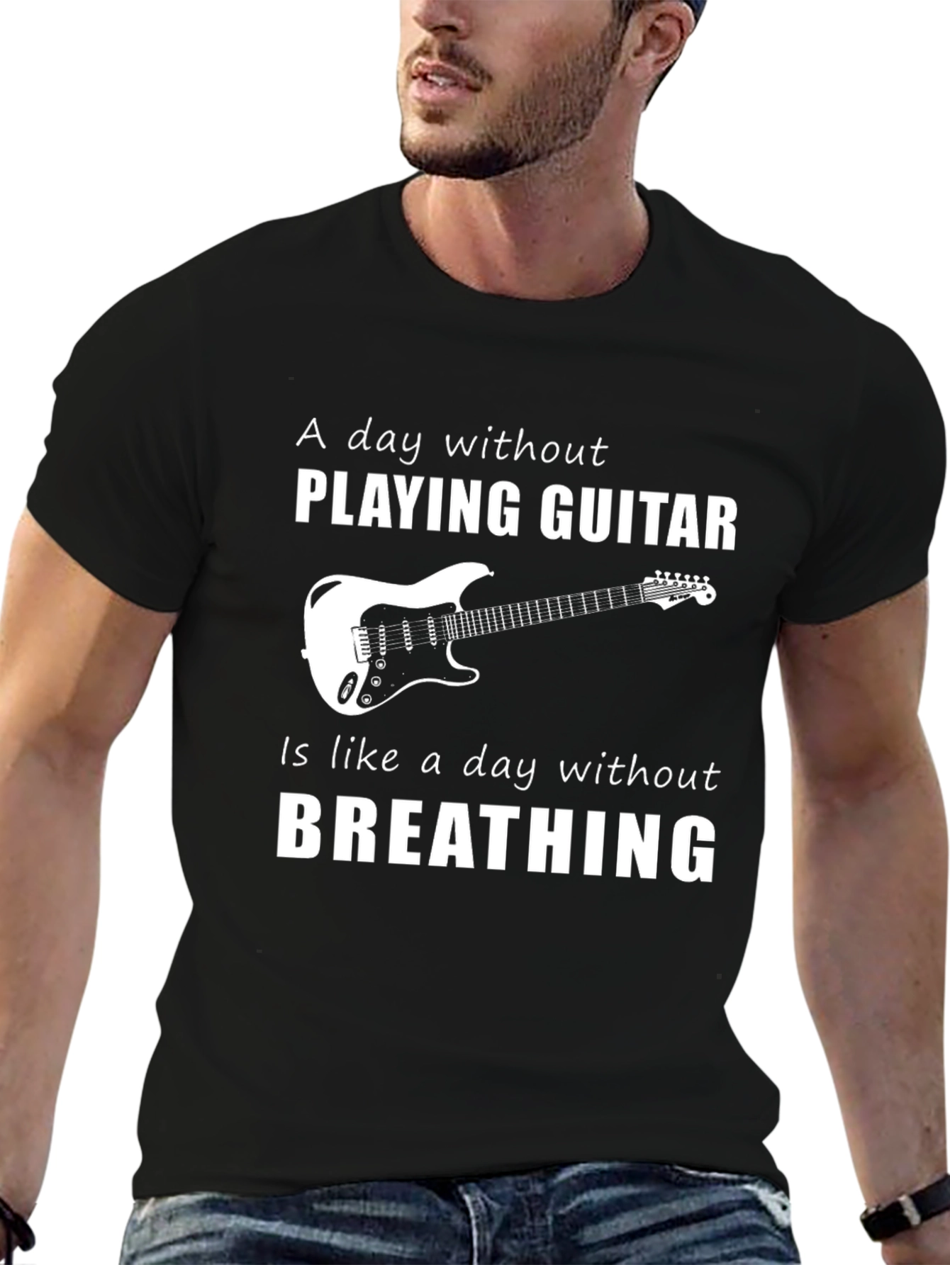 Black Guitar Lover T-Shirt - "A Day Without Guitar" view 6