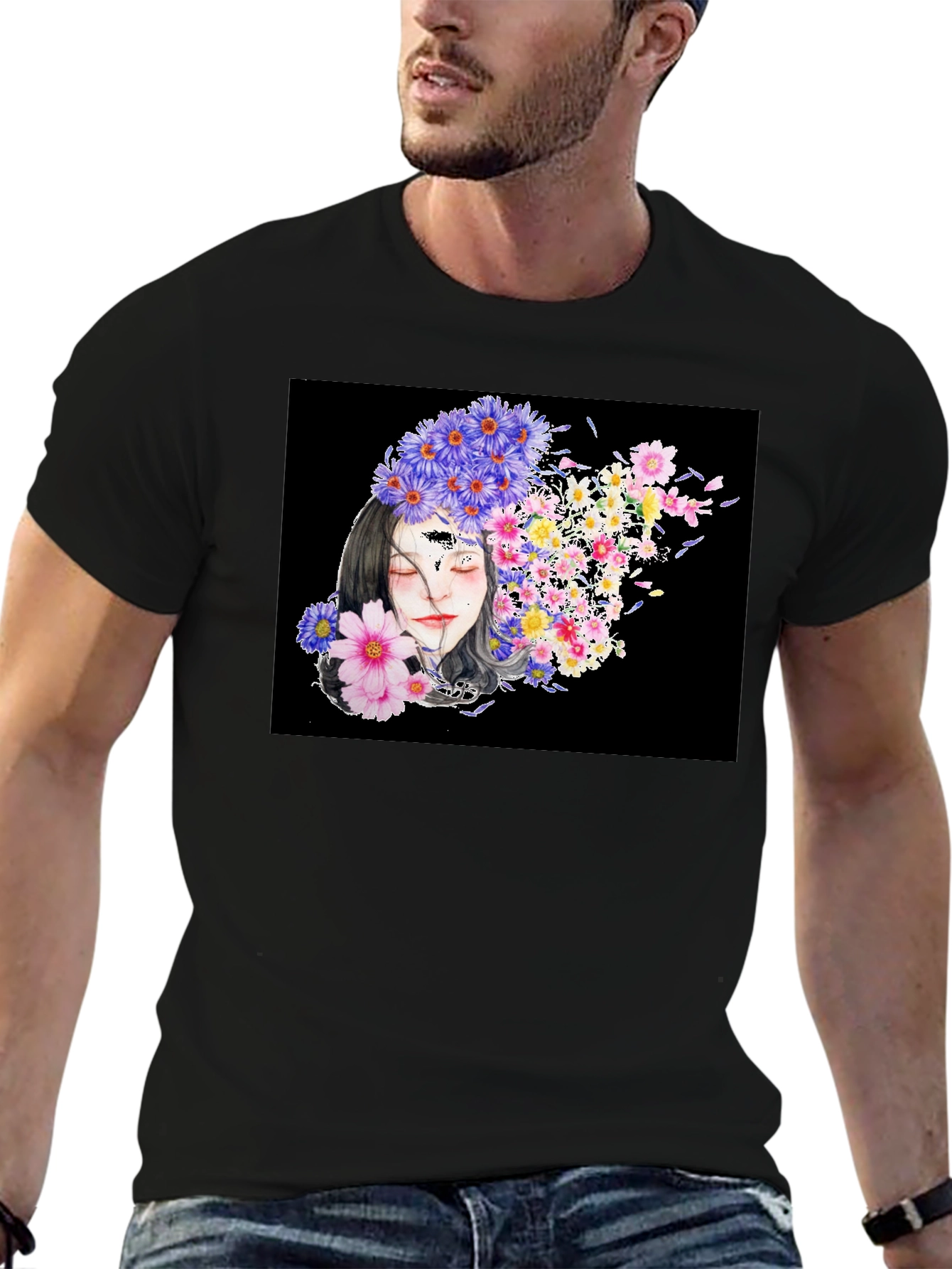 Black Floral Woman Black T-Shirt view 6