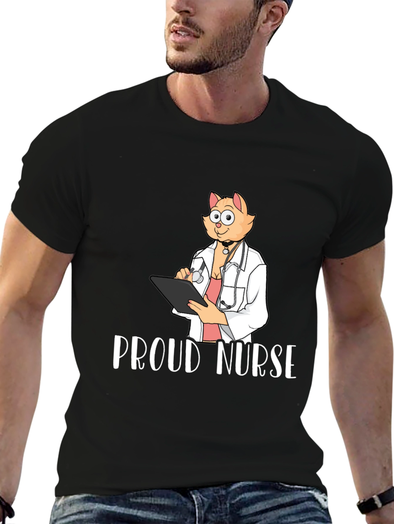 Black Proud Nurse Cat T-Shirt - Novelty Tee view 6