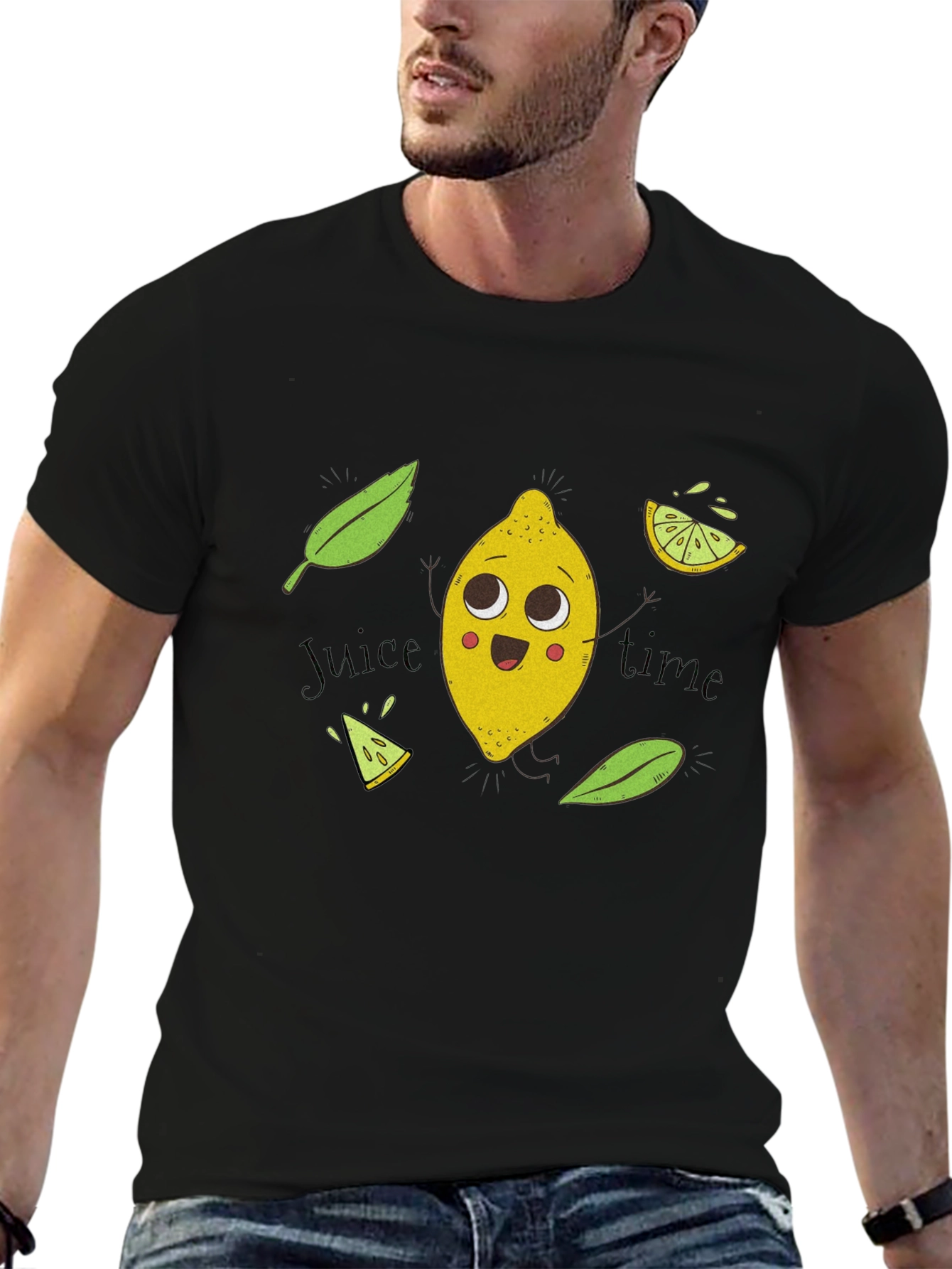 Black Cute Lemon Cartoon Black T-Shirt - Juice Time! view 6