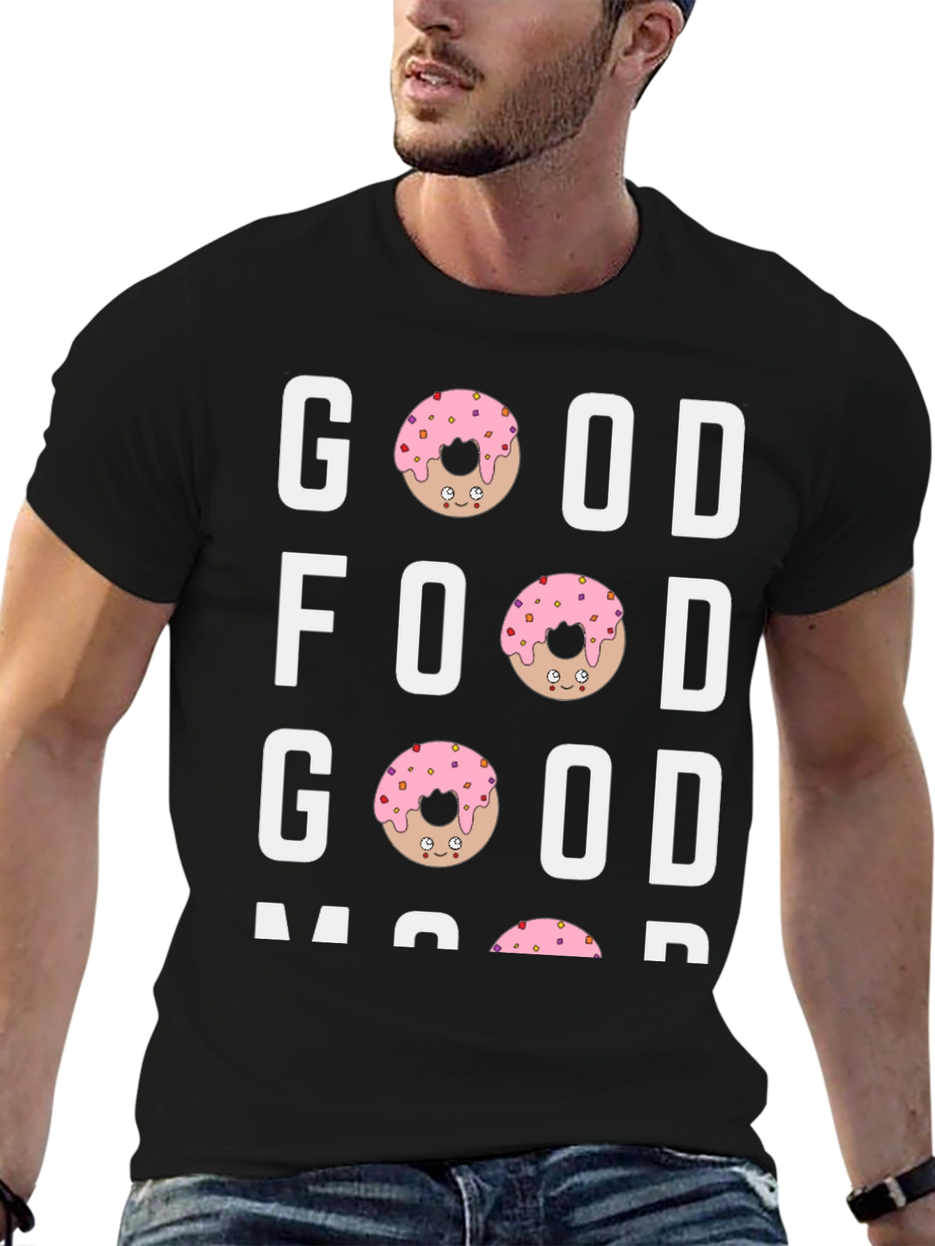 Black Good Food Good Mood T-Shirt - Donut Design view 6