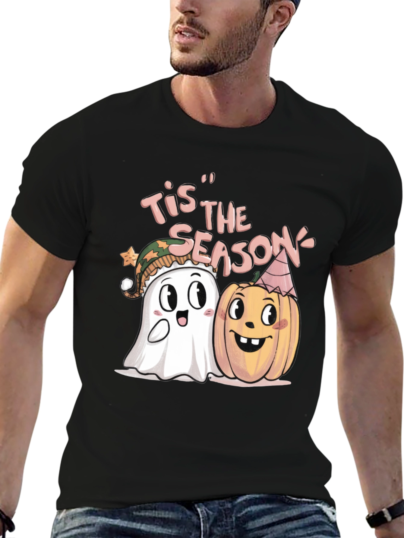 Black Tis' the Season Halloween Ghost & Pumpkin T-Shirt view 6