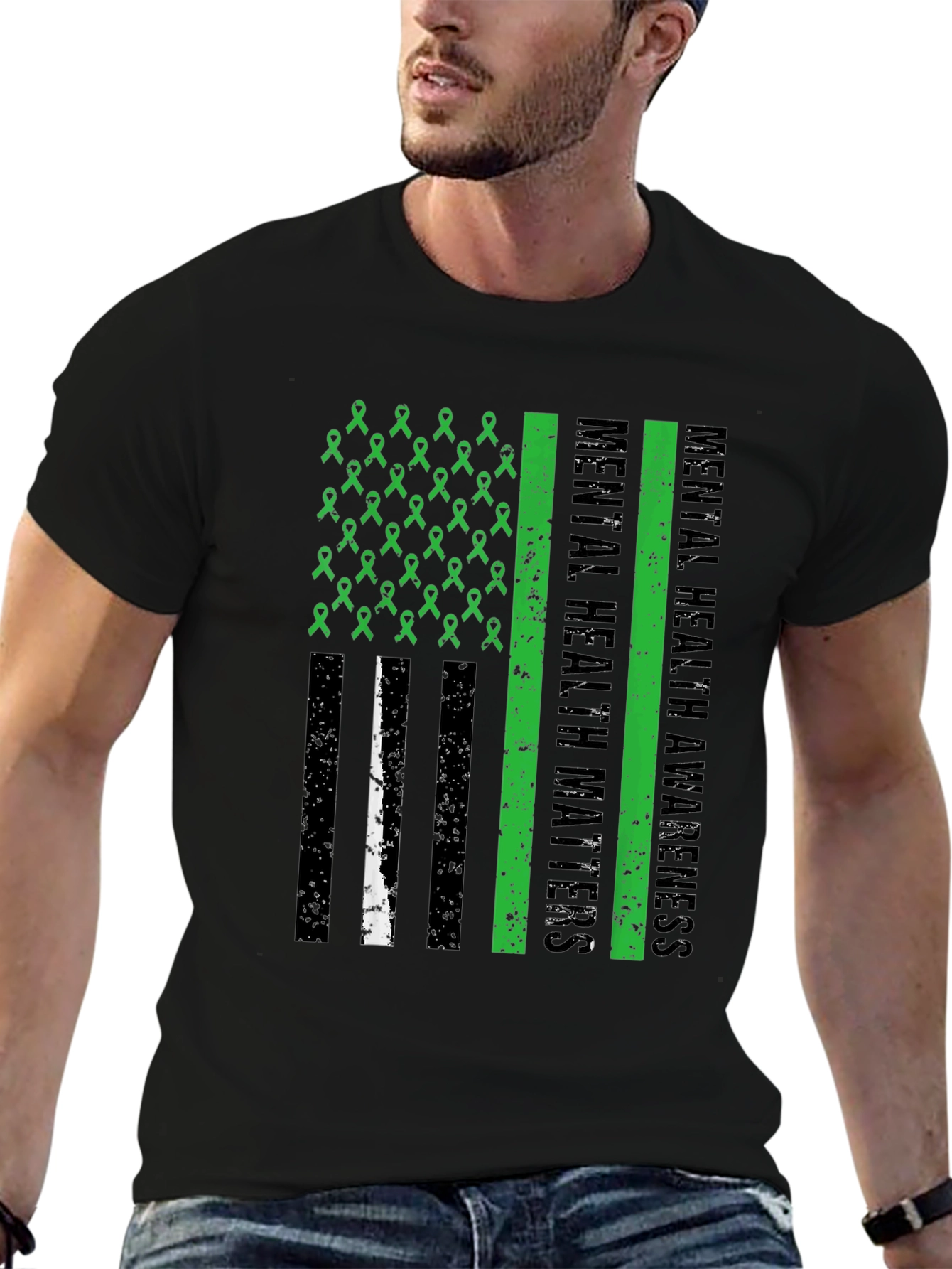 Black Mental Health Matters Awareness Ribbon American Flag Tee view 6