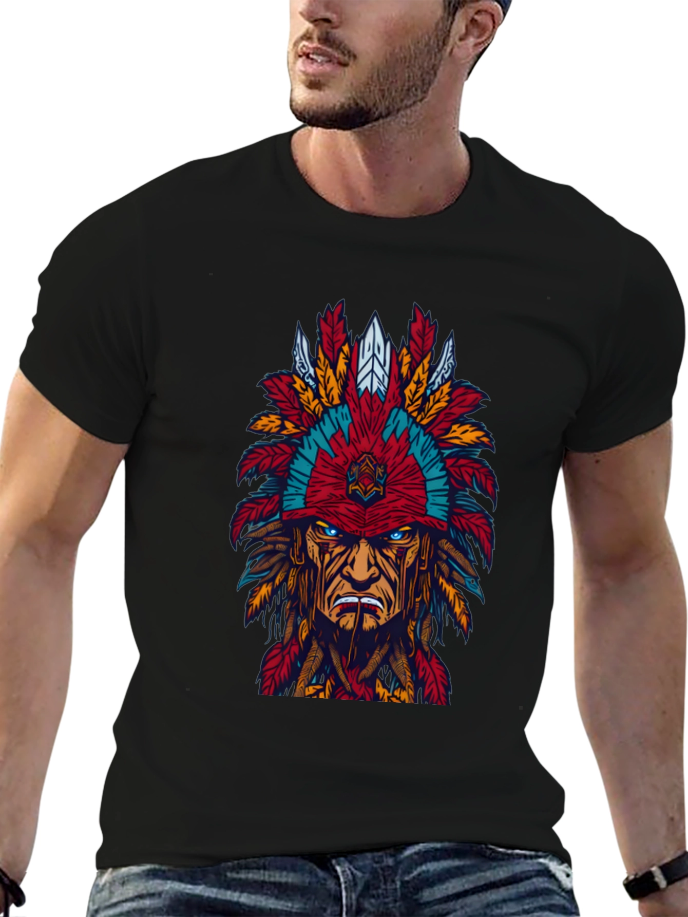 Black Native American Headdress Graphic Tee - Bold Design view 6