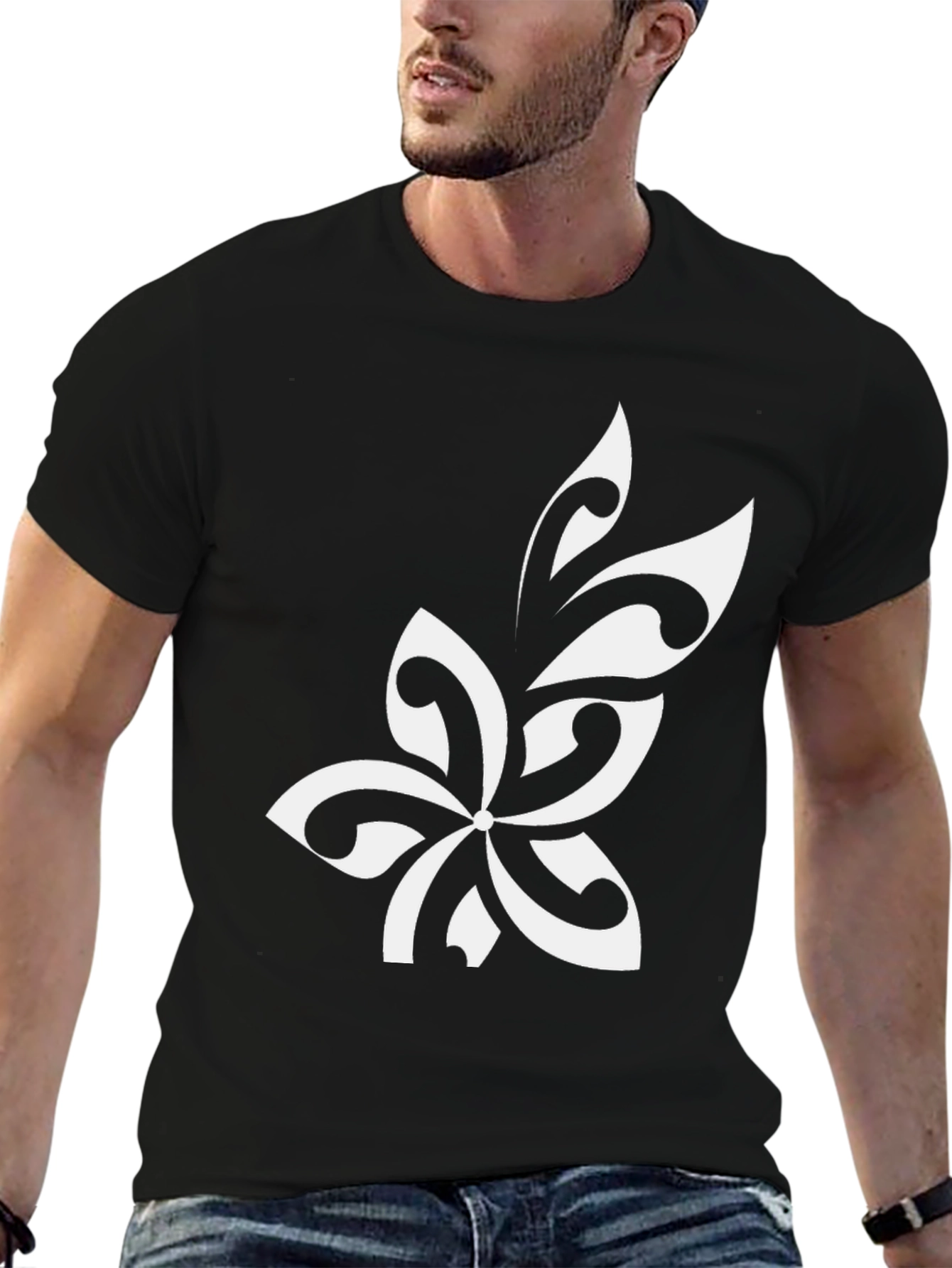 Black Black T-Shirt with White Floral Design view 6
