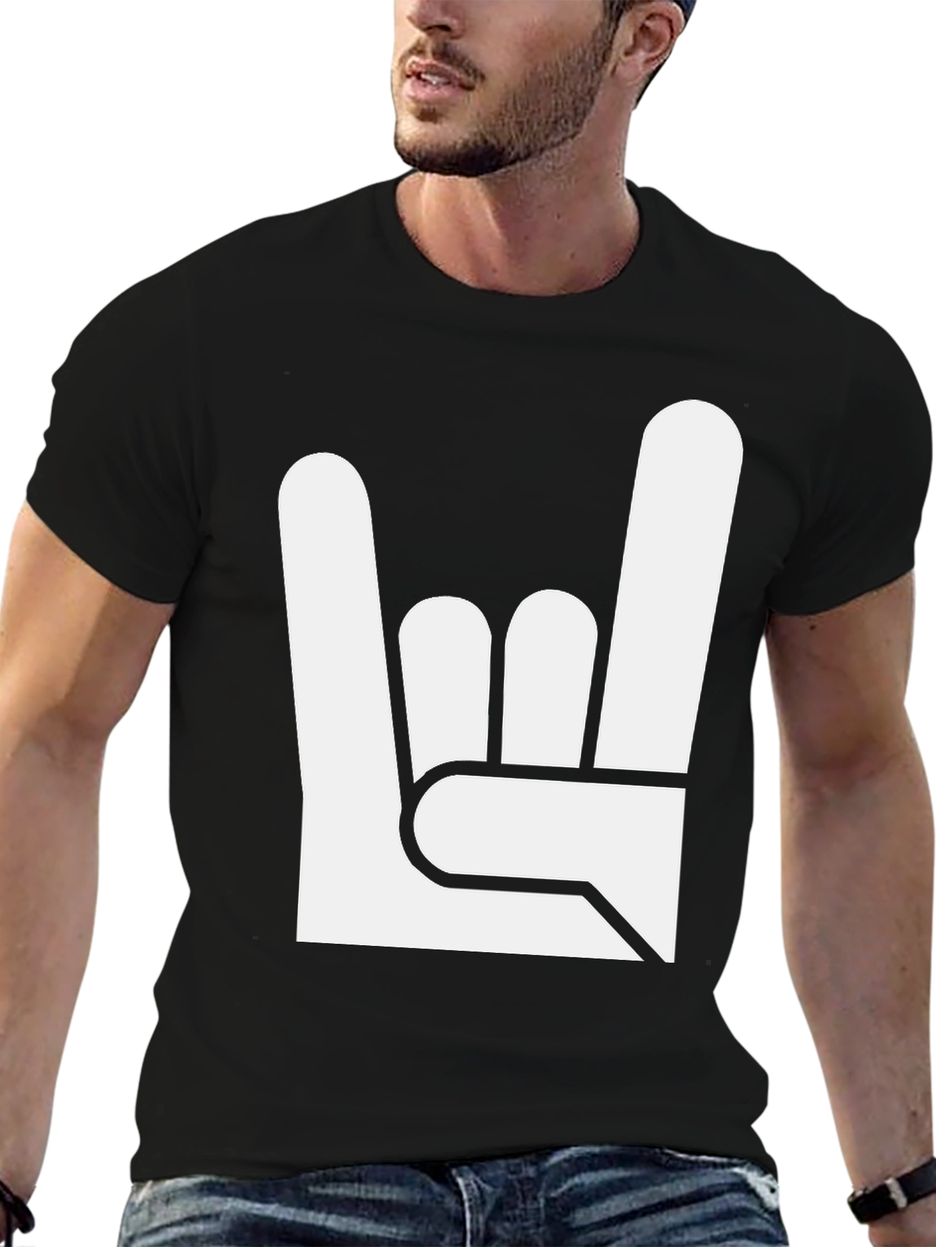 Black Rock On Hand Gesture Black T-Shirt view 6