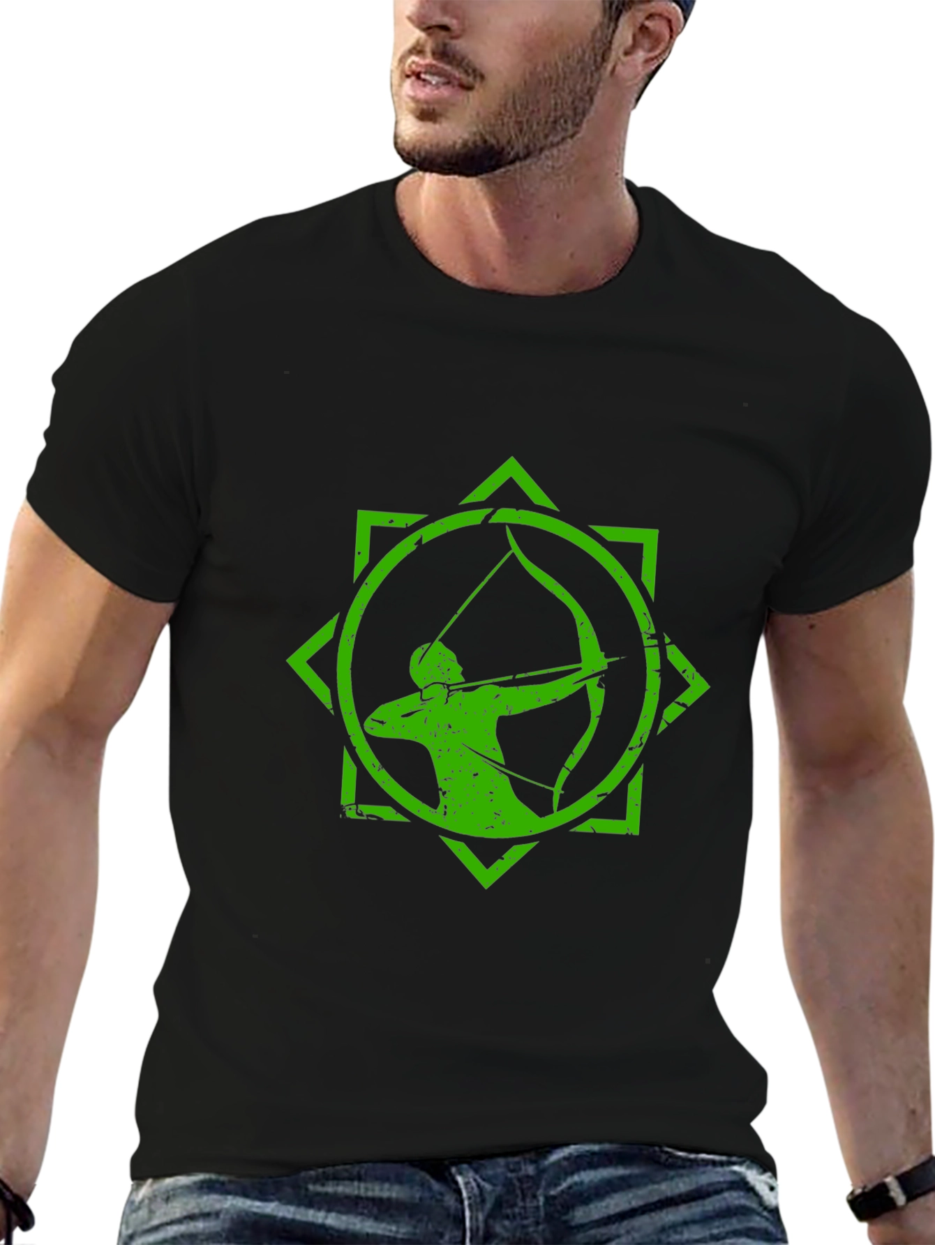 Black Archery Graphic Tee - Black T-Shirt with Green Archer Design view 6