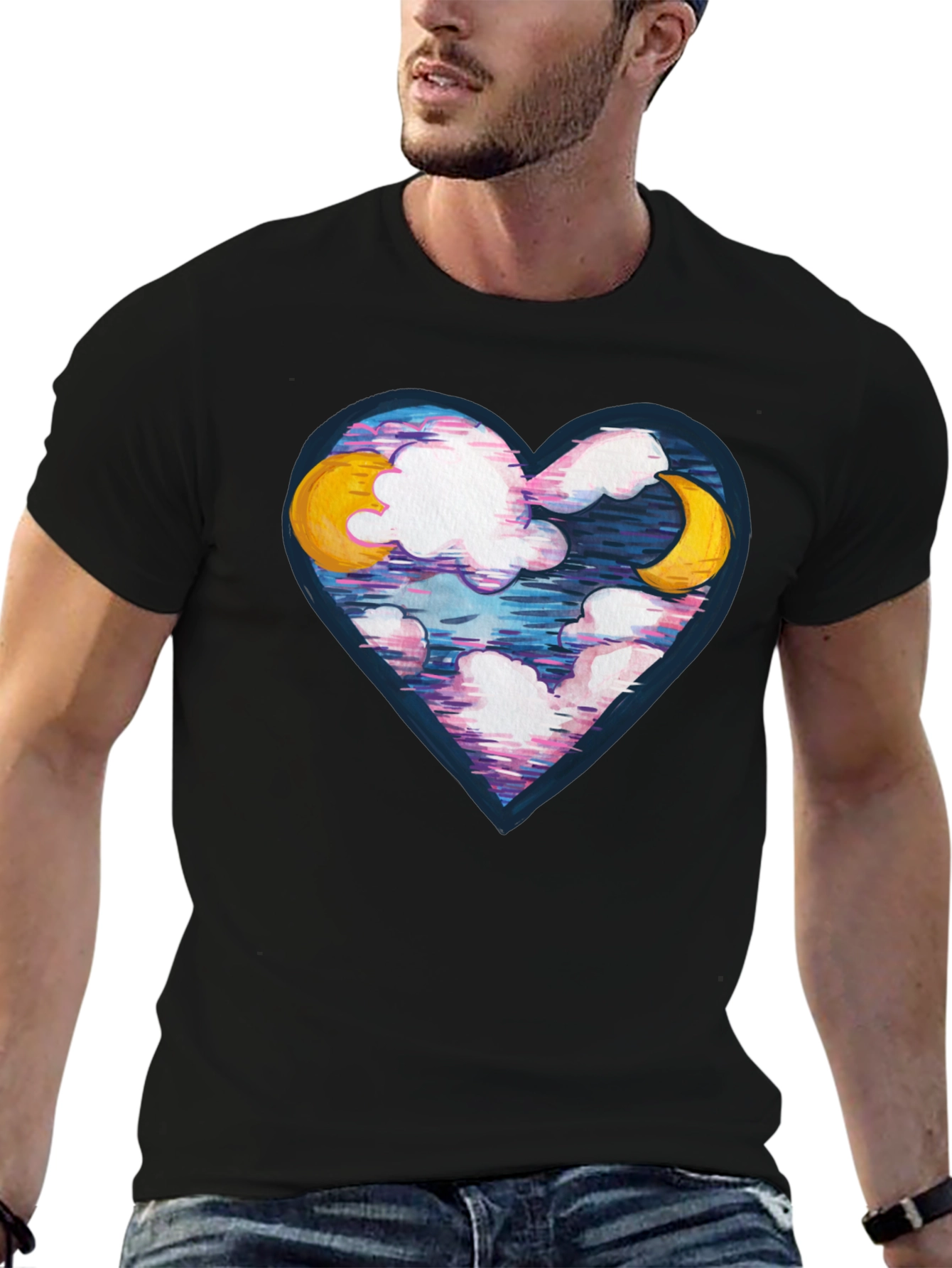 Black Moon and Clouds Heart Graphic Tee - Black view 6