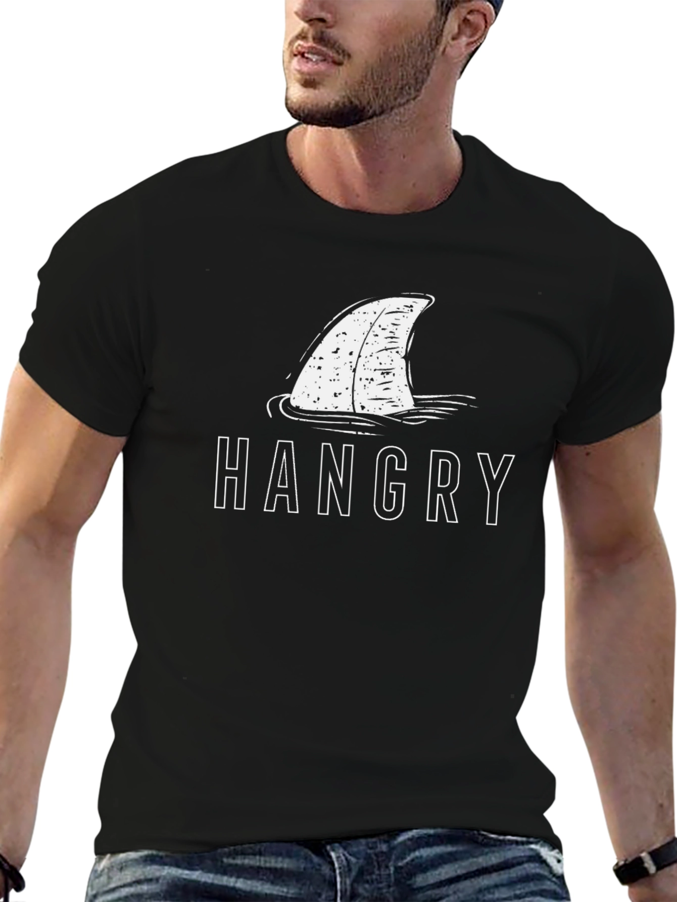 Black Hangry Shark Fin Graphic Tee - Black Cotton T-Shirt view 6