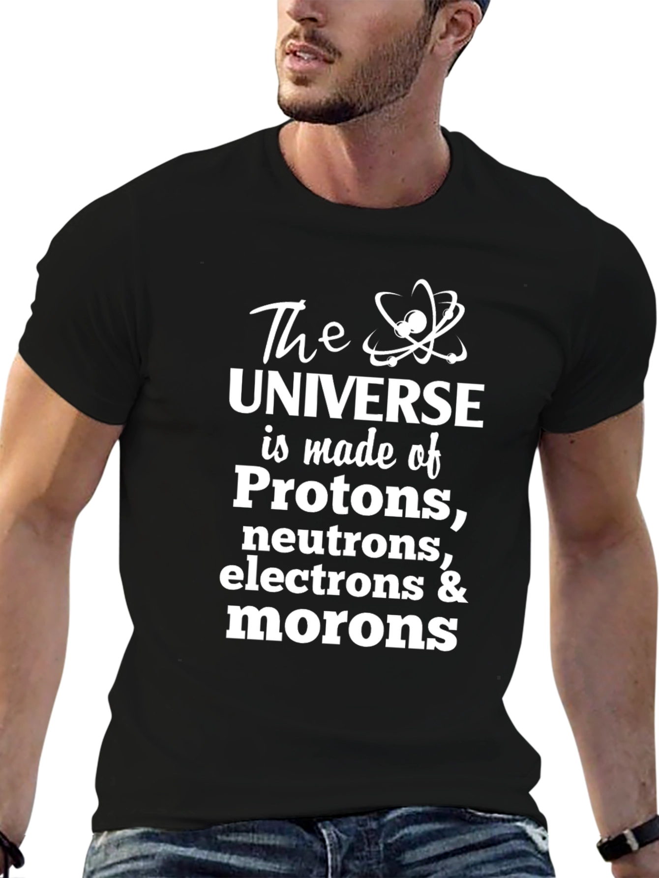 Black Funny Science Humor T-Shirt - Universe, Atoms, and Morons view 6