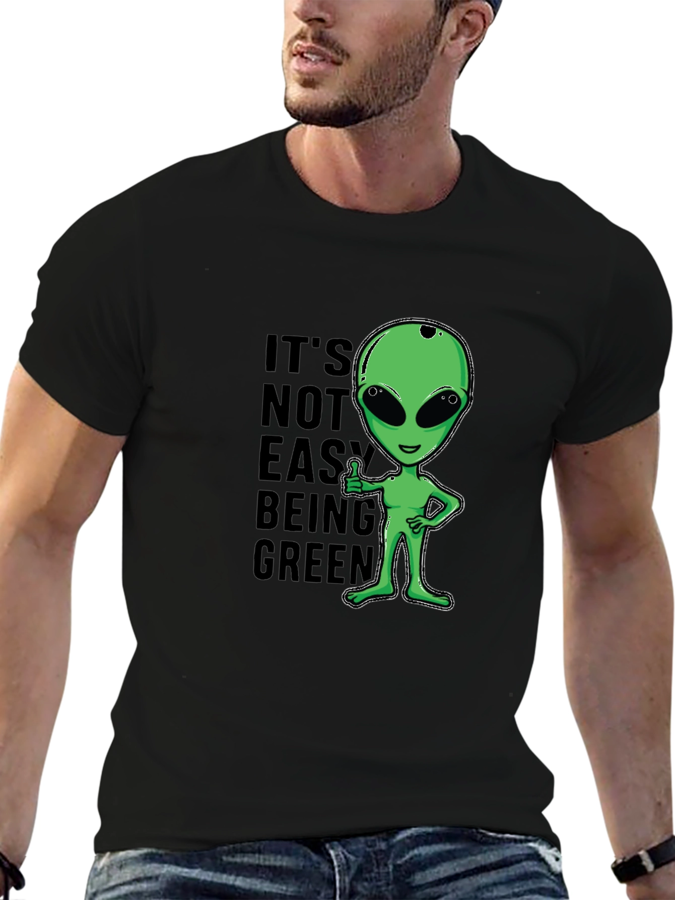 Black It's Not Easy Being Green Alien Graphic T-Shirt view 6