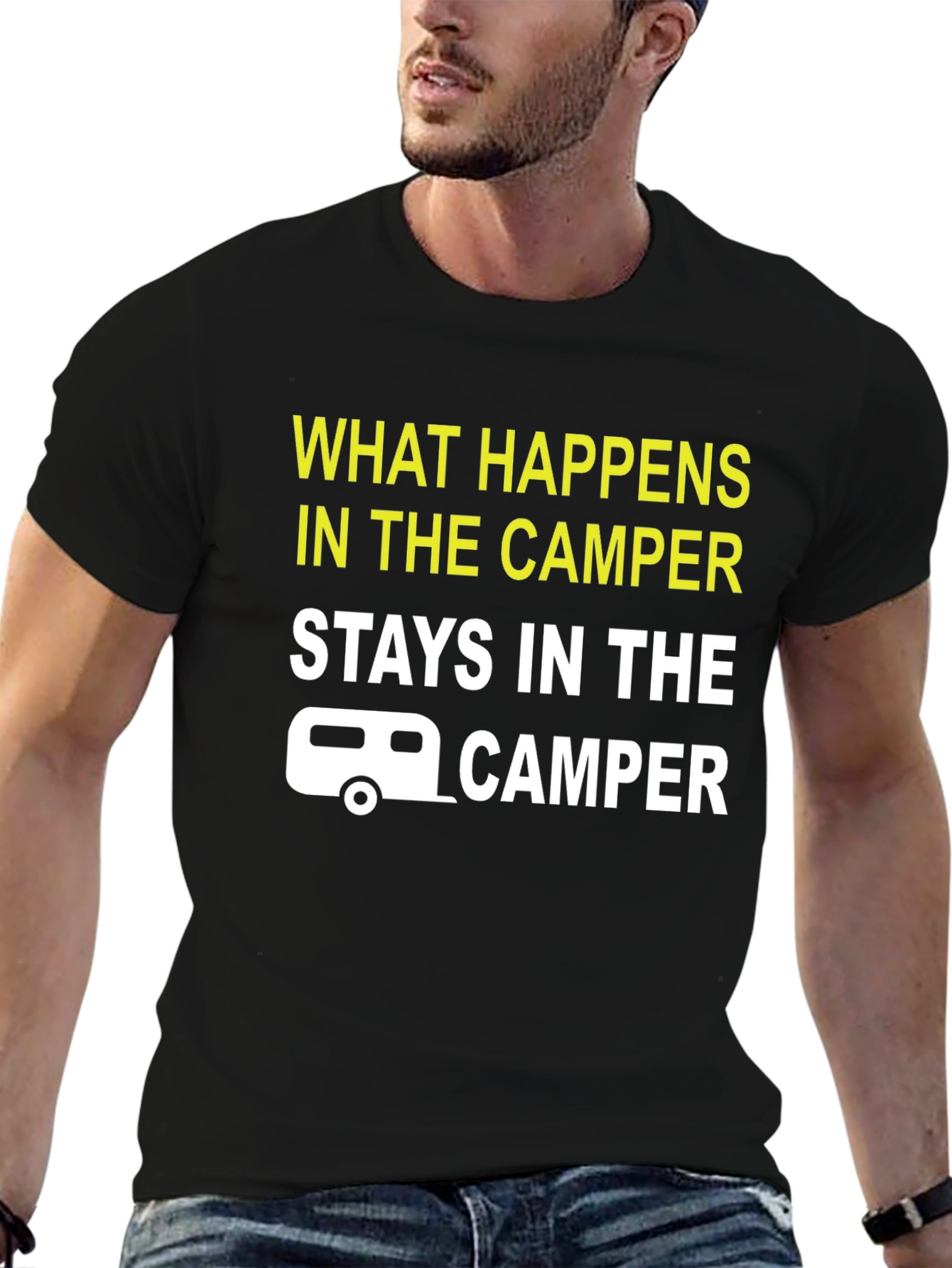 Black Camper T-Shirt: What Happens in the Camper Stays view 6