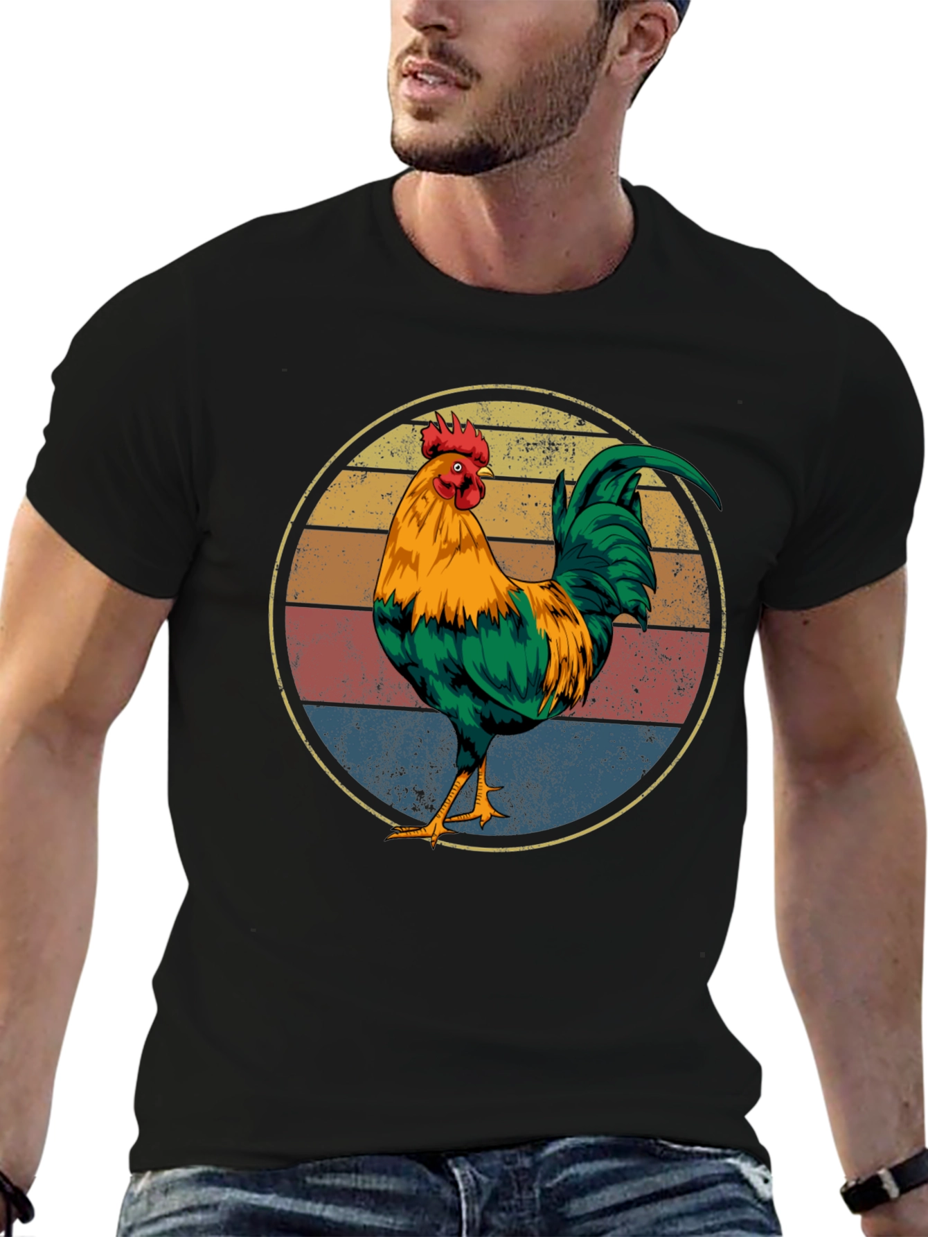 Black Retro Rooster Graphic Tee - Vintage Chicken Shirt view 6