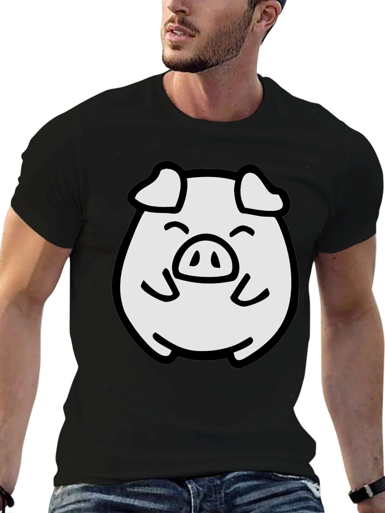 Black Cute Pig Graphic Tee - Black Cotton Blend Comfort view 6