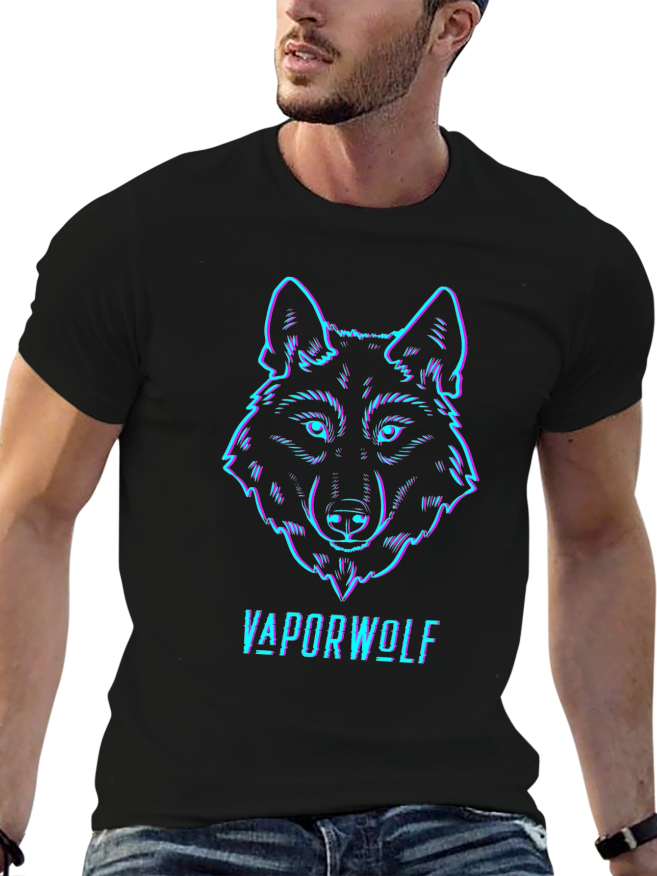 Black Vaporwave Wolf Graphic Tee - Black Cotton T-Shirt view 6