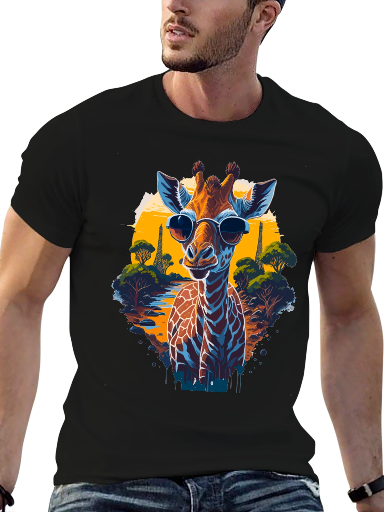 Black Cool Giraffe in Shades Graphic T-Shirt view 6