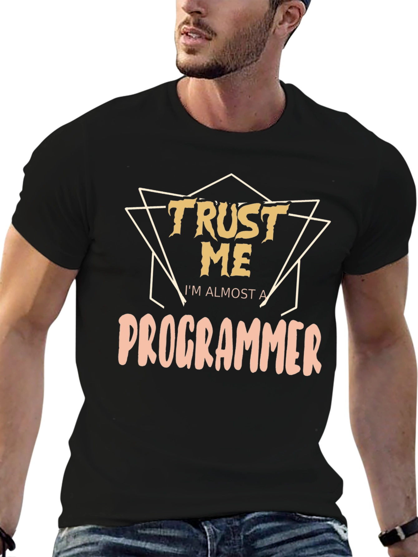 Black Trust Me I'm Almost A Programmer Graphic Tee view 6