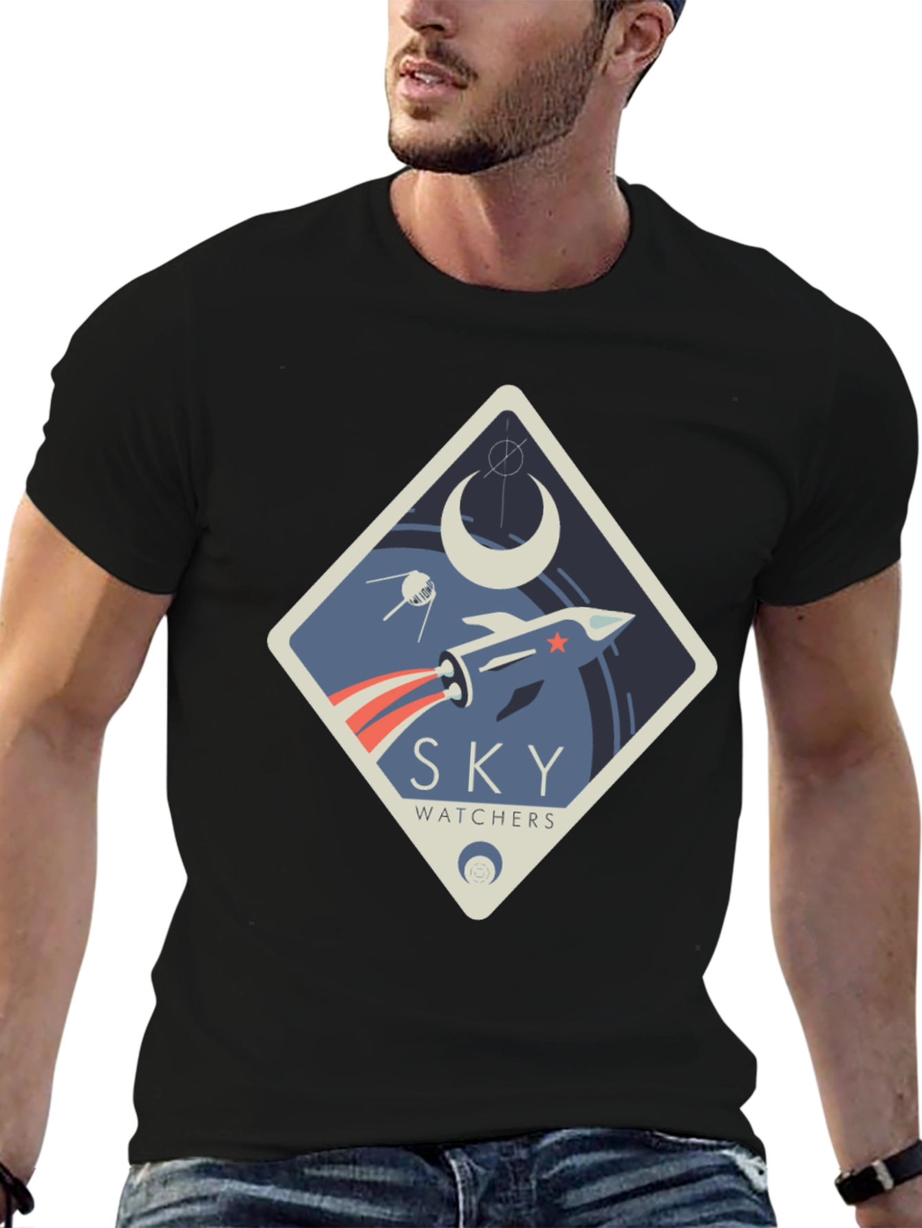 Black Sky Watchers Graphic Tee - Space Rocket Design view 6