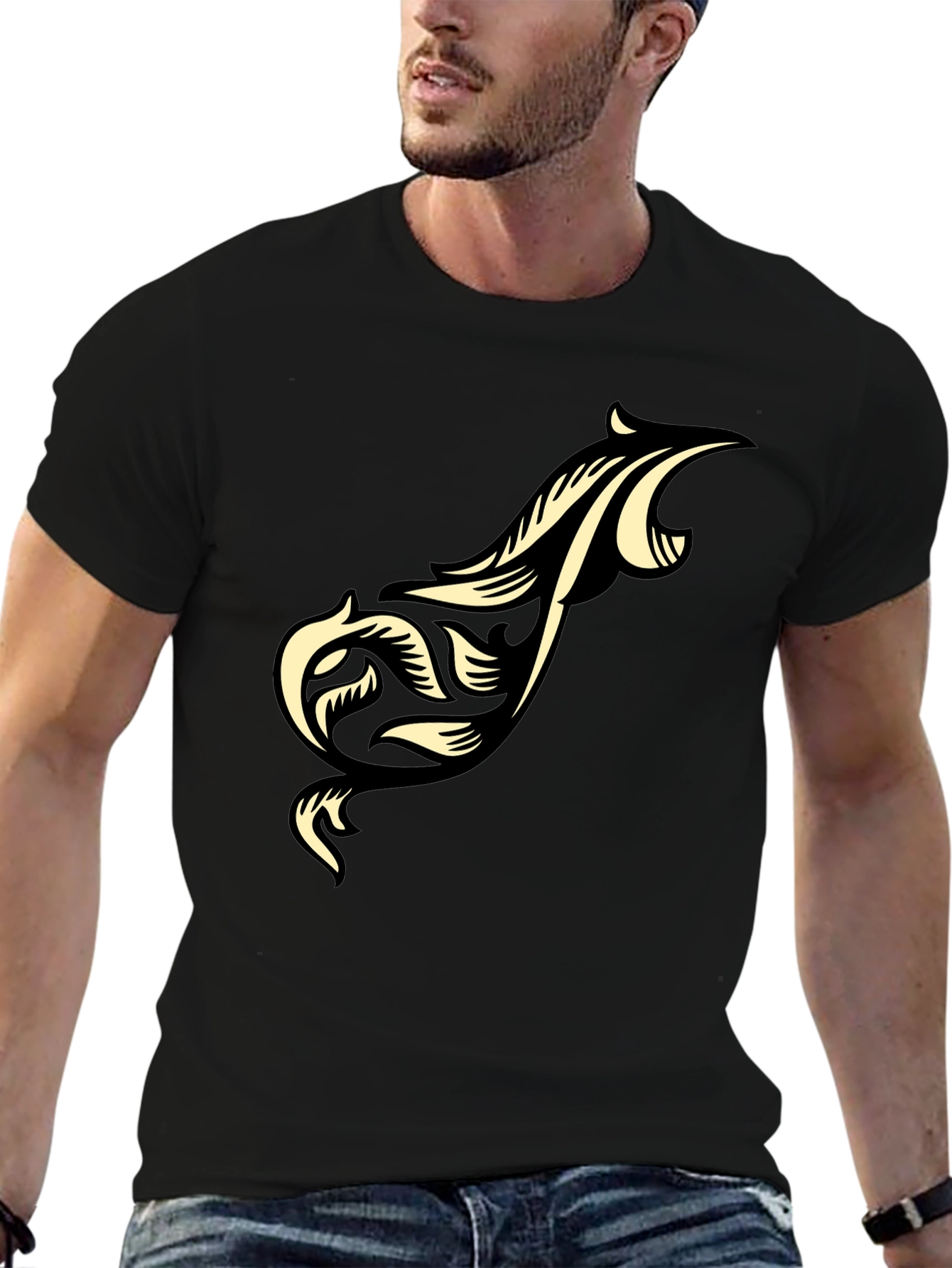 Black Men's Black T-Shirt with Tribal Design view 6