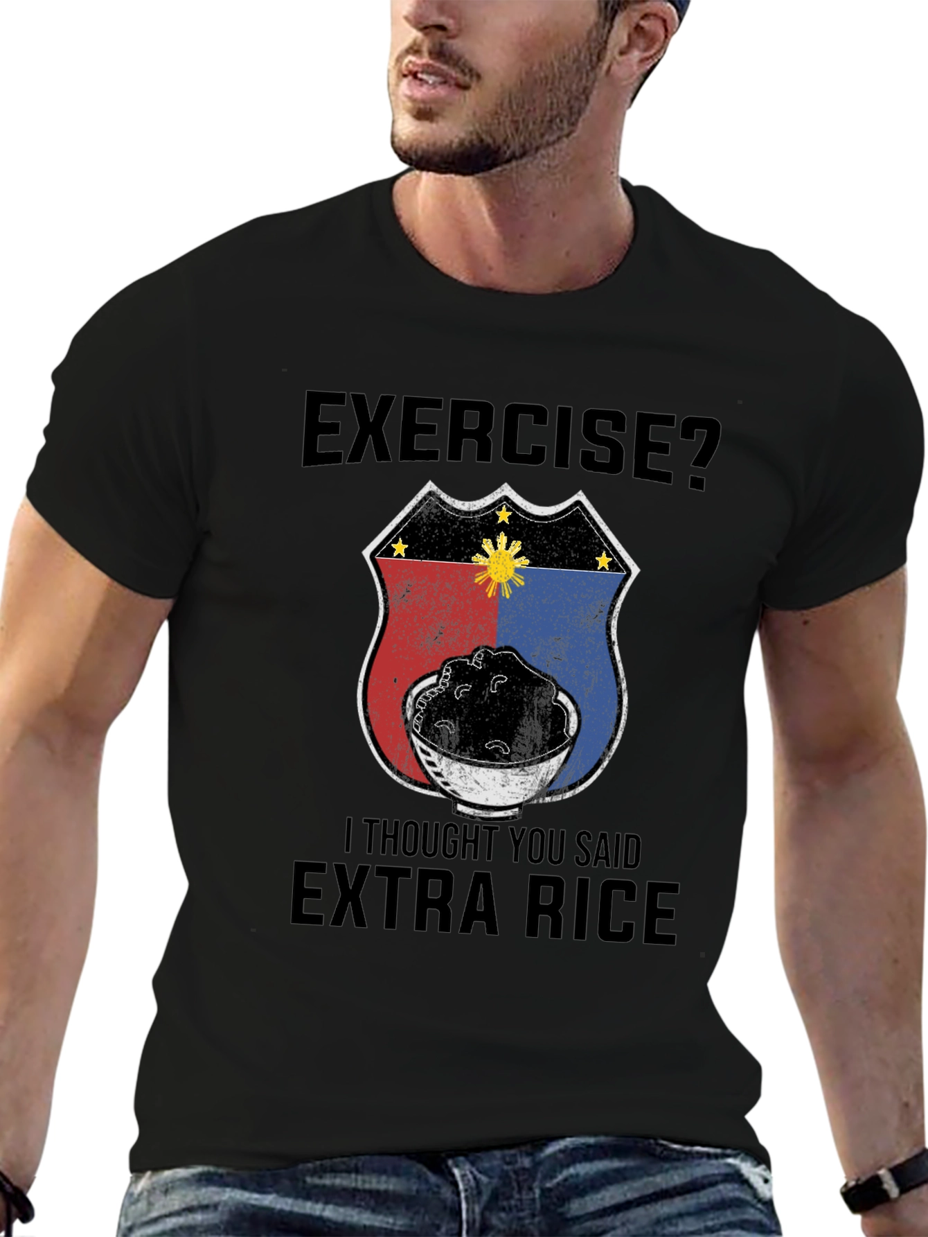 Black Exercise? Extra Rice T-Shirt - Filipino Foodie Tee view 6