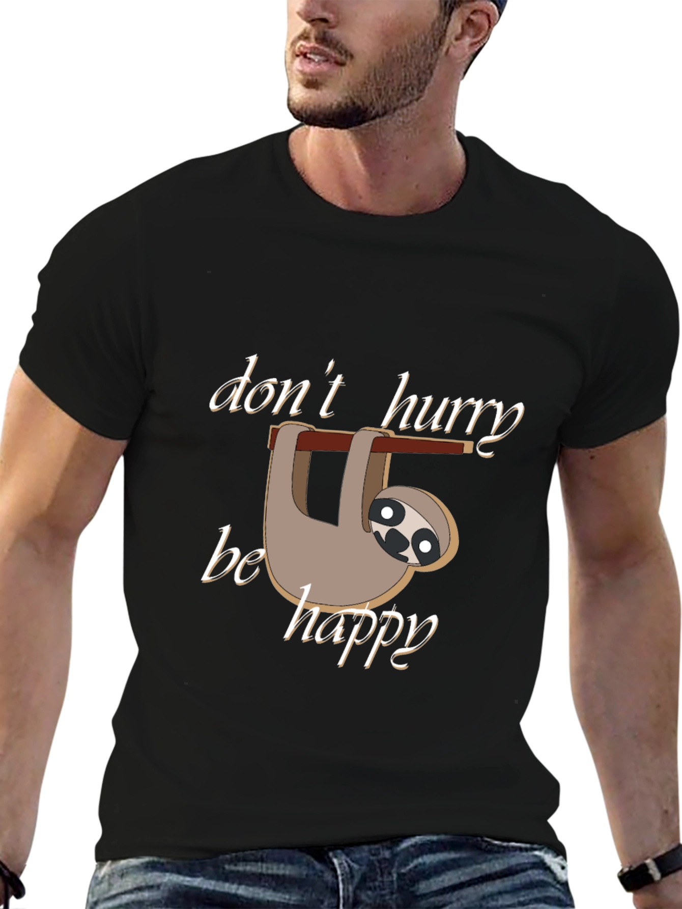 Black Don't Hurry Be Happy Sloth T-Shirt view 6