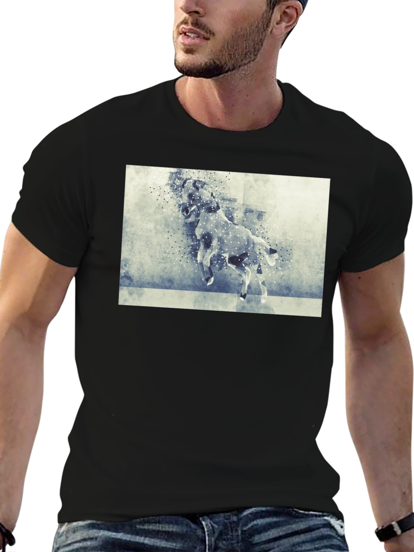 Black Abstract Horse Graphic Tee - Black Cotton Comfort view 6