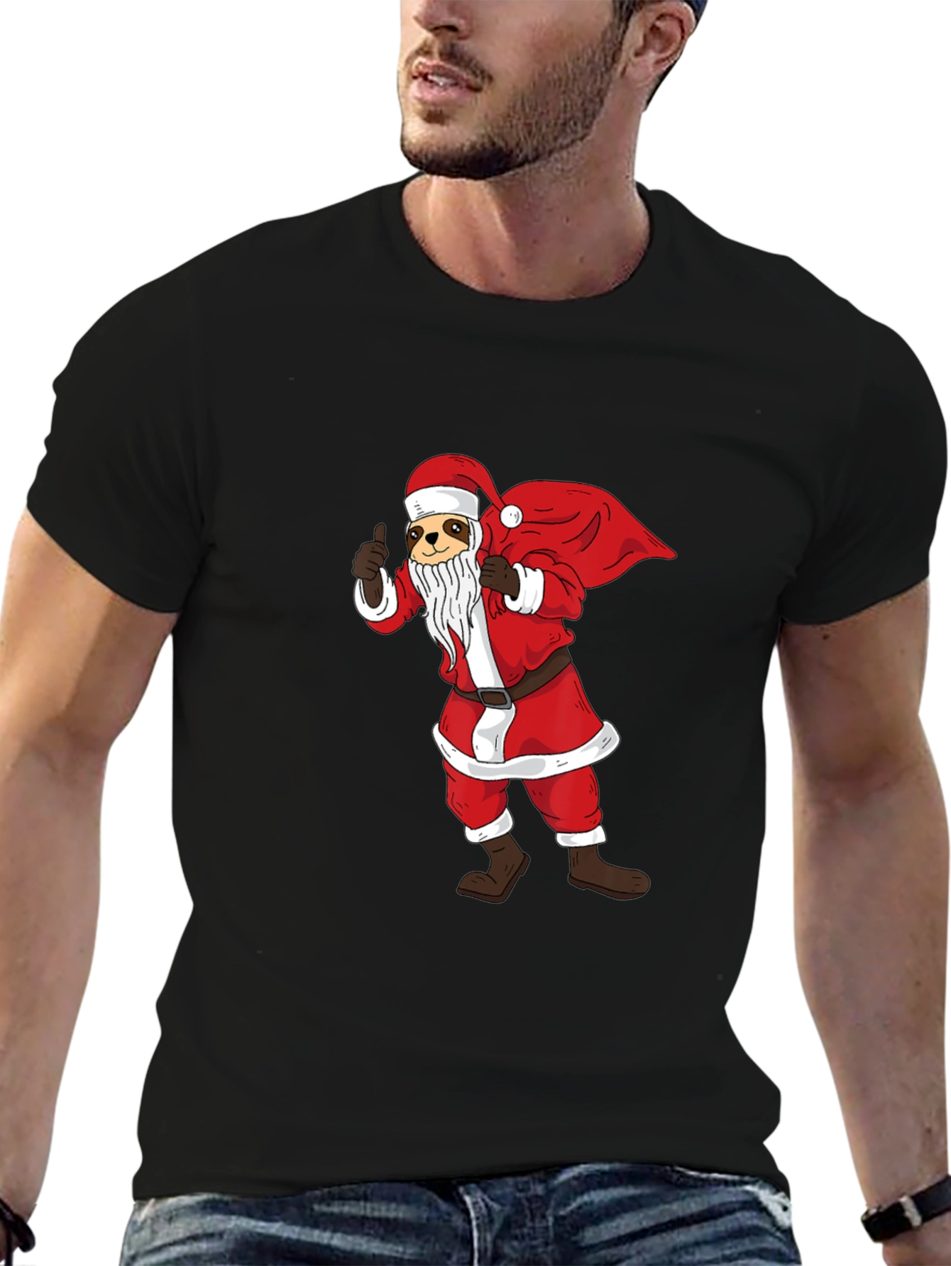 Black Santa Sloth Graphic T-Shirt - Holiday Cheer view 6