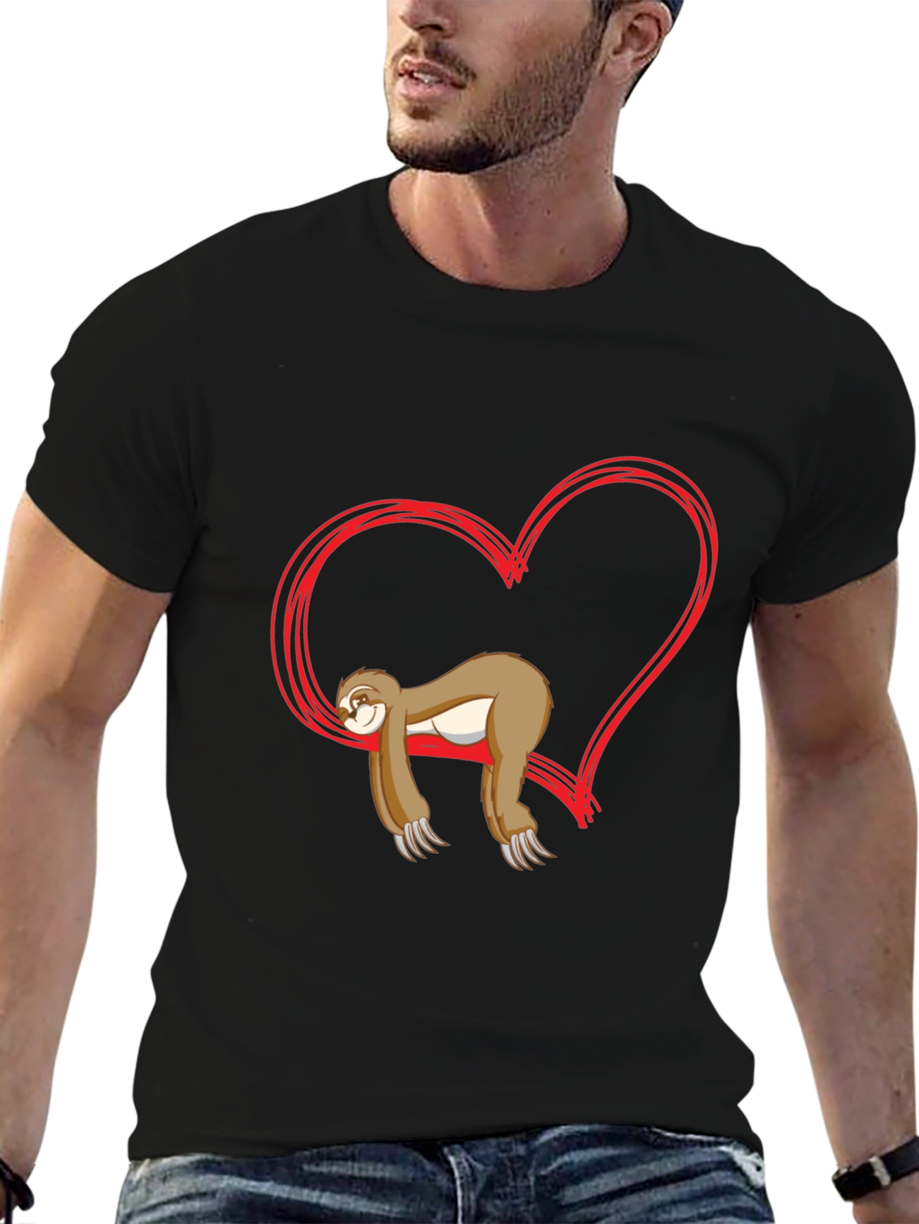 Black Sloth Heart Graphic Tee - Relaxed Fit Cotton T-Shirt view 6