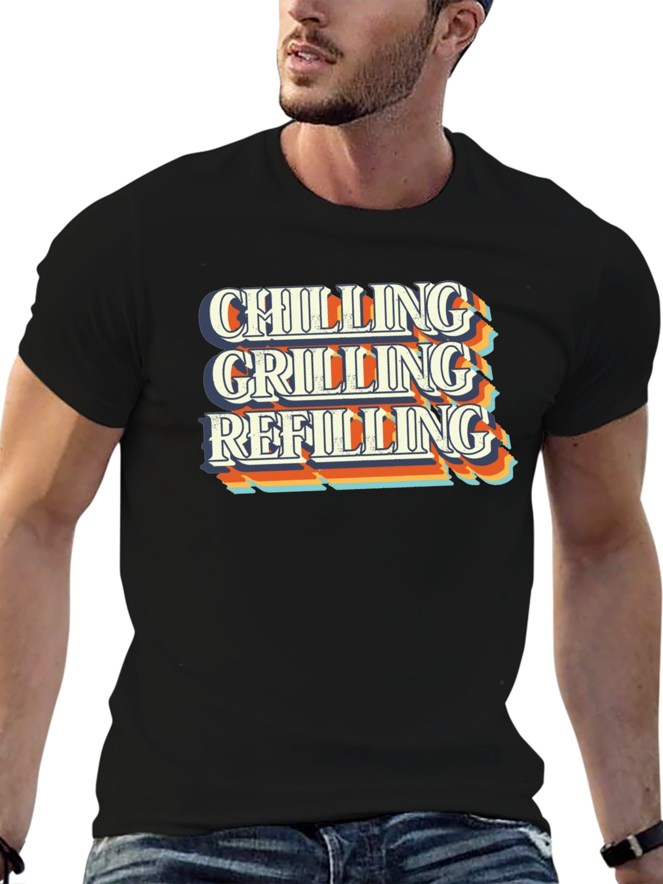 Black Chilling Grilling Refilling Men's Black T-Shirt view 6