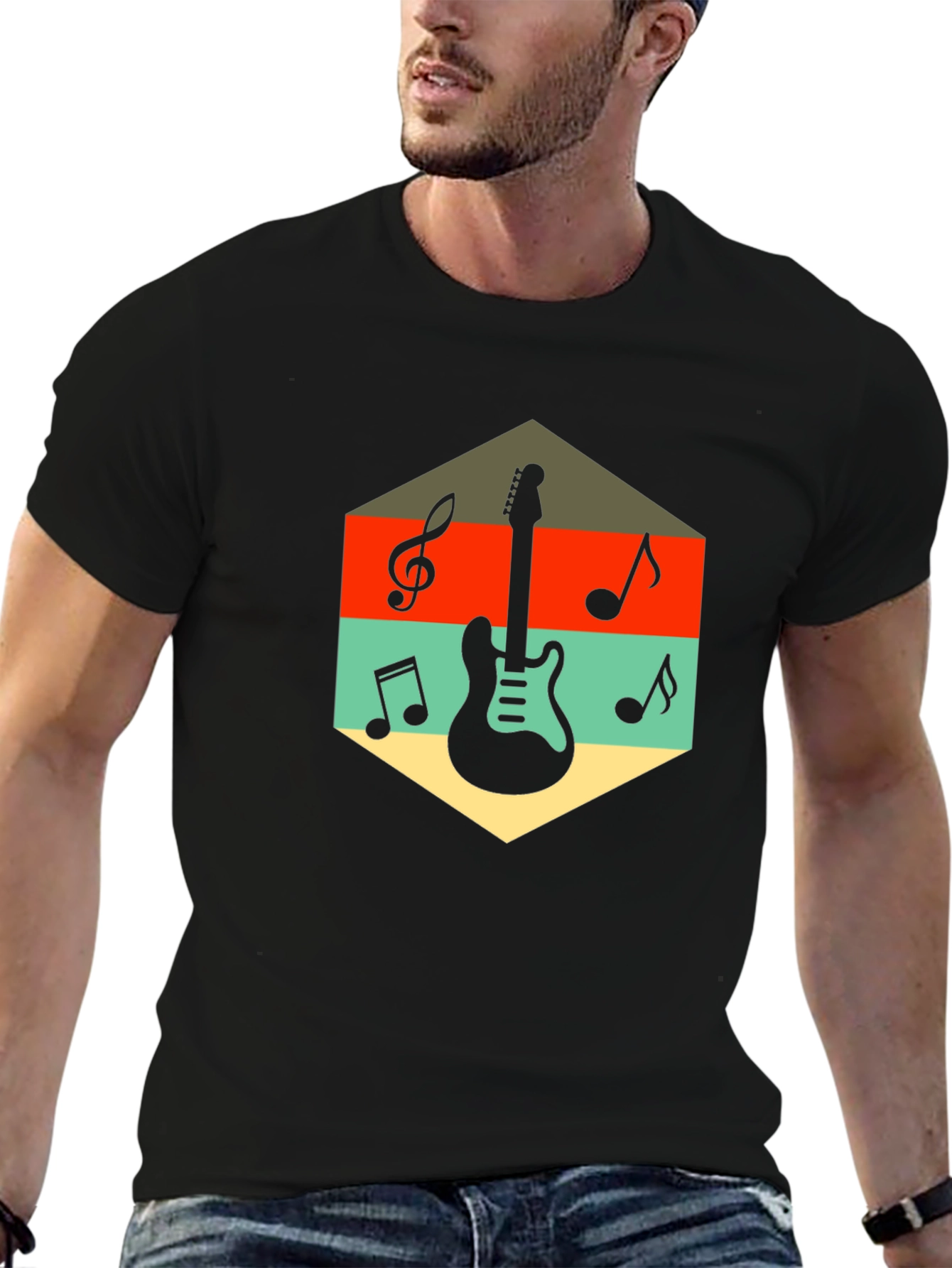 Black Retro Guitar & Music Note Graphic T-Shirt view 6