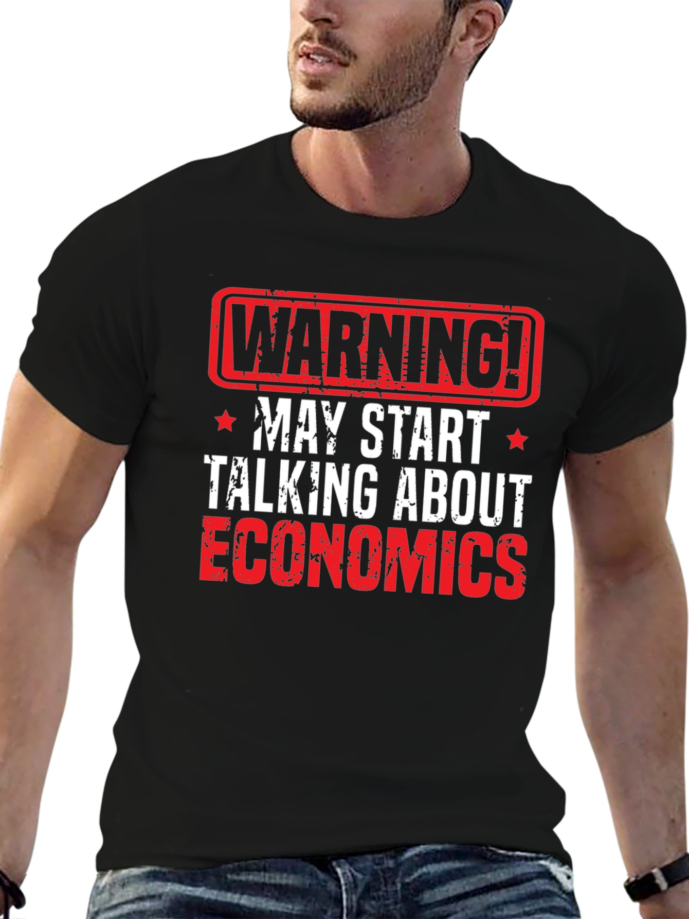 Black Warning Economics T-Shirt - Funny Geek Tee view 6