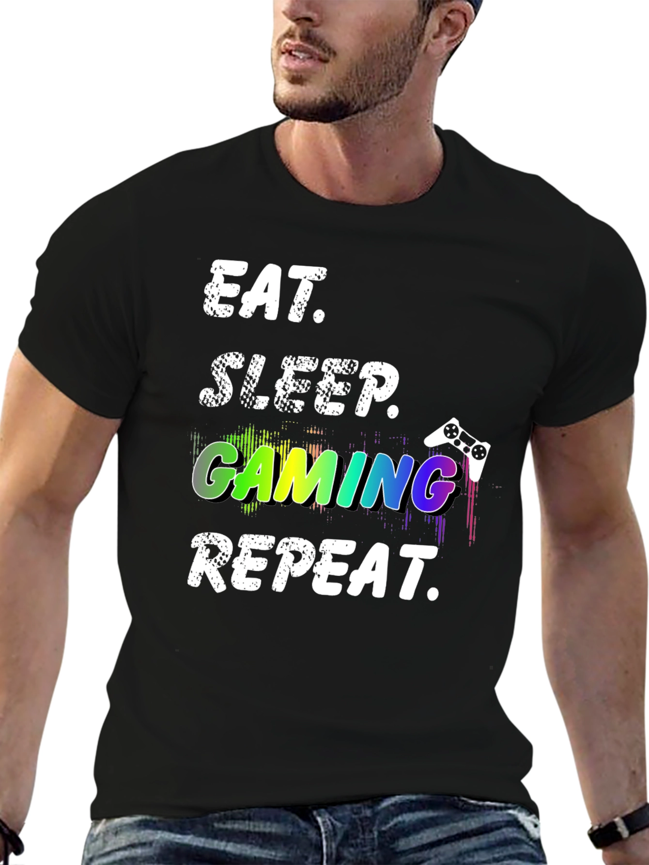Black Eat Sleep Gaming Repeat Black T-Shirt view 6