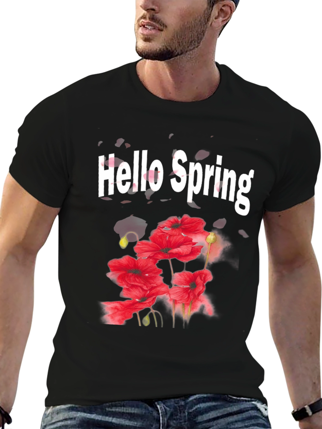 Black Hello Spring T-Shirt - Floral Design Black Tee view 6