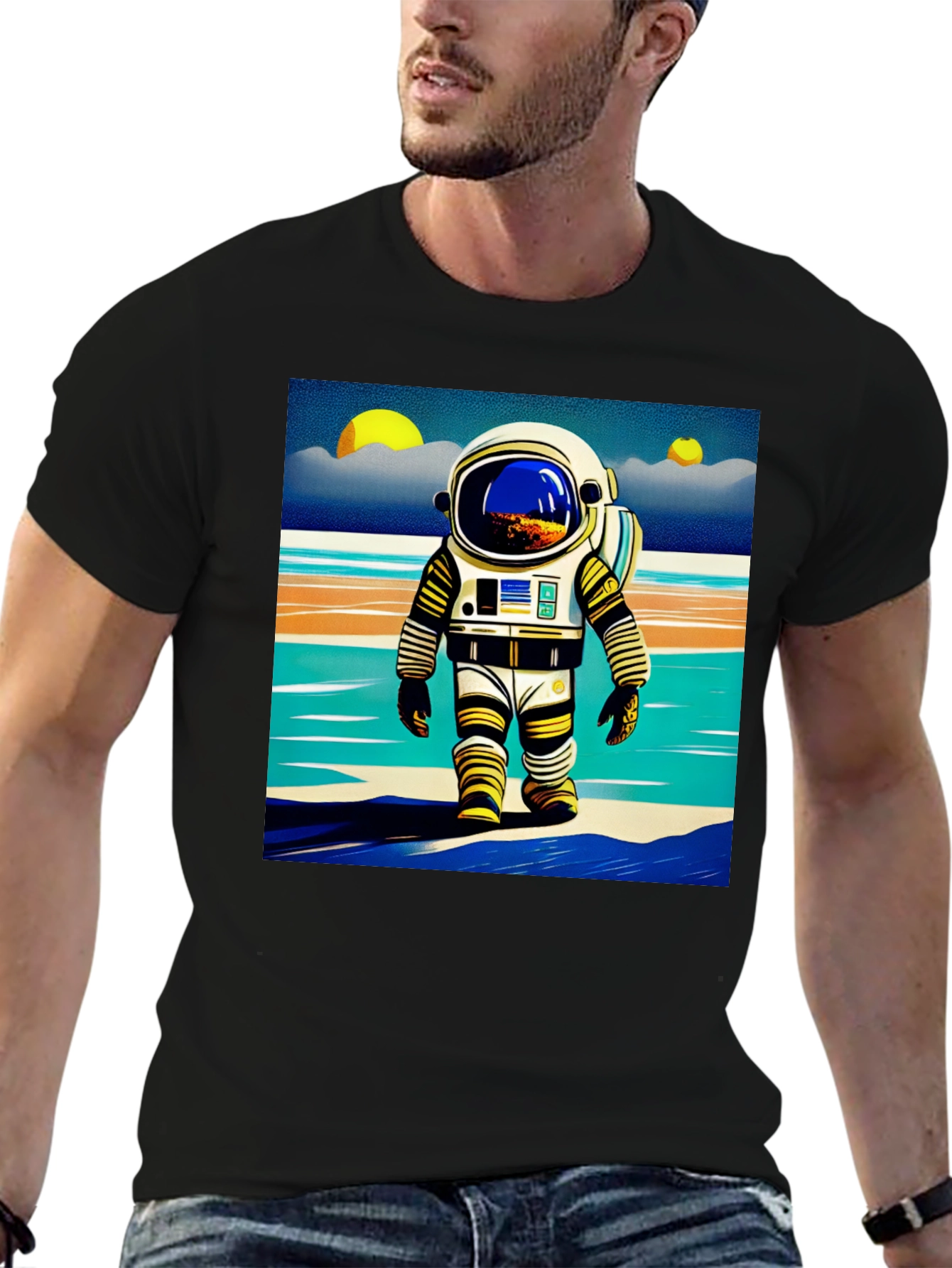 Black Astronaut Beach T-Shirt - Retro Space Adventure Tee view 6