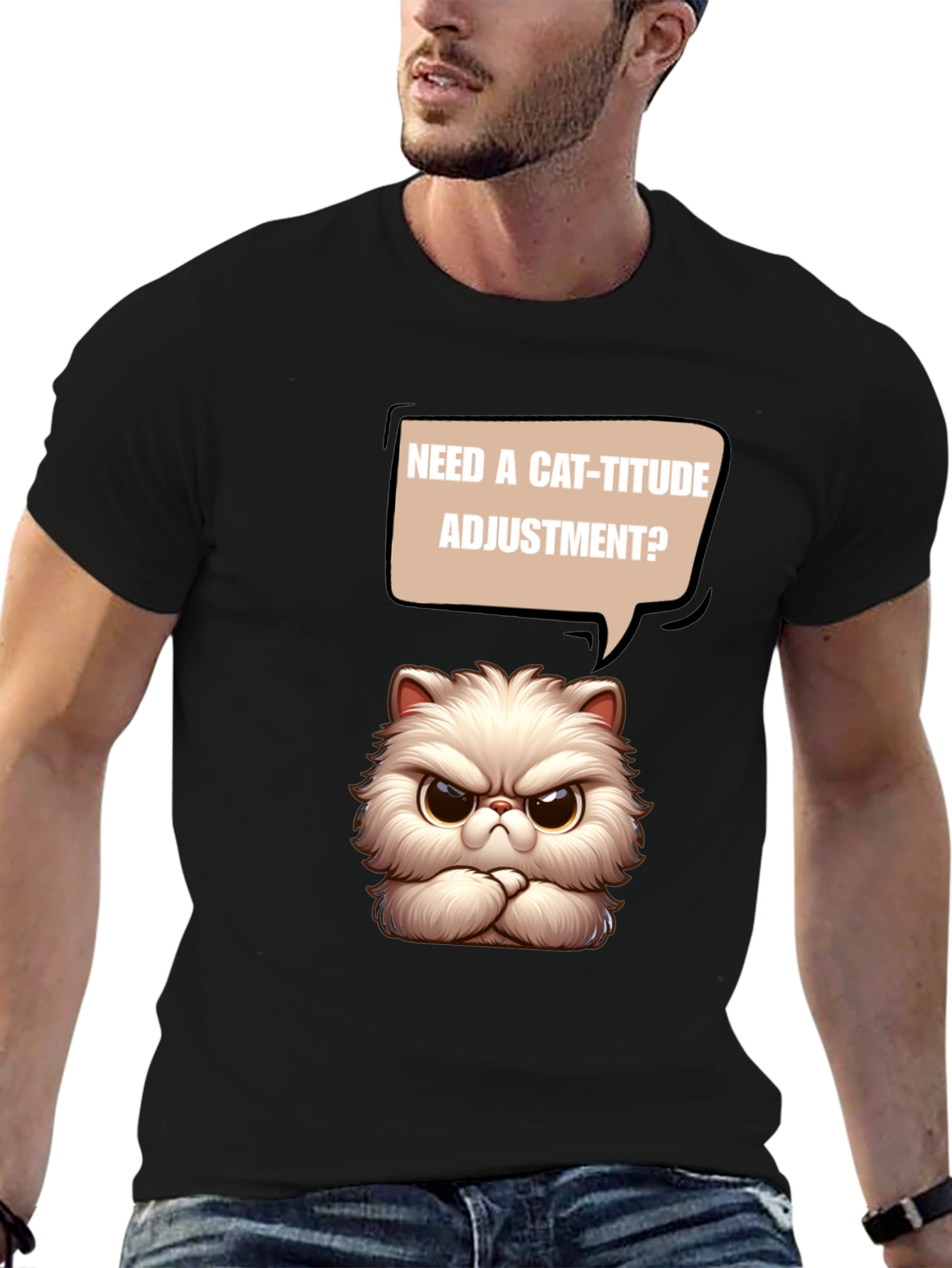 Black Cat-itude T-Shirt - Funny Grumpy Cat Design view 6