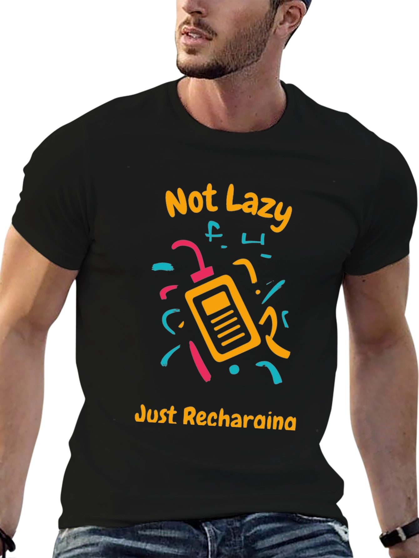Black Not Lazy Just Recharging Graphic Tee view 6