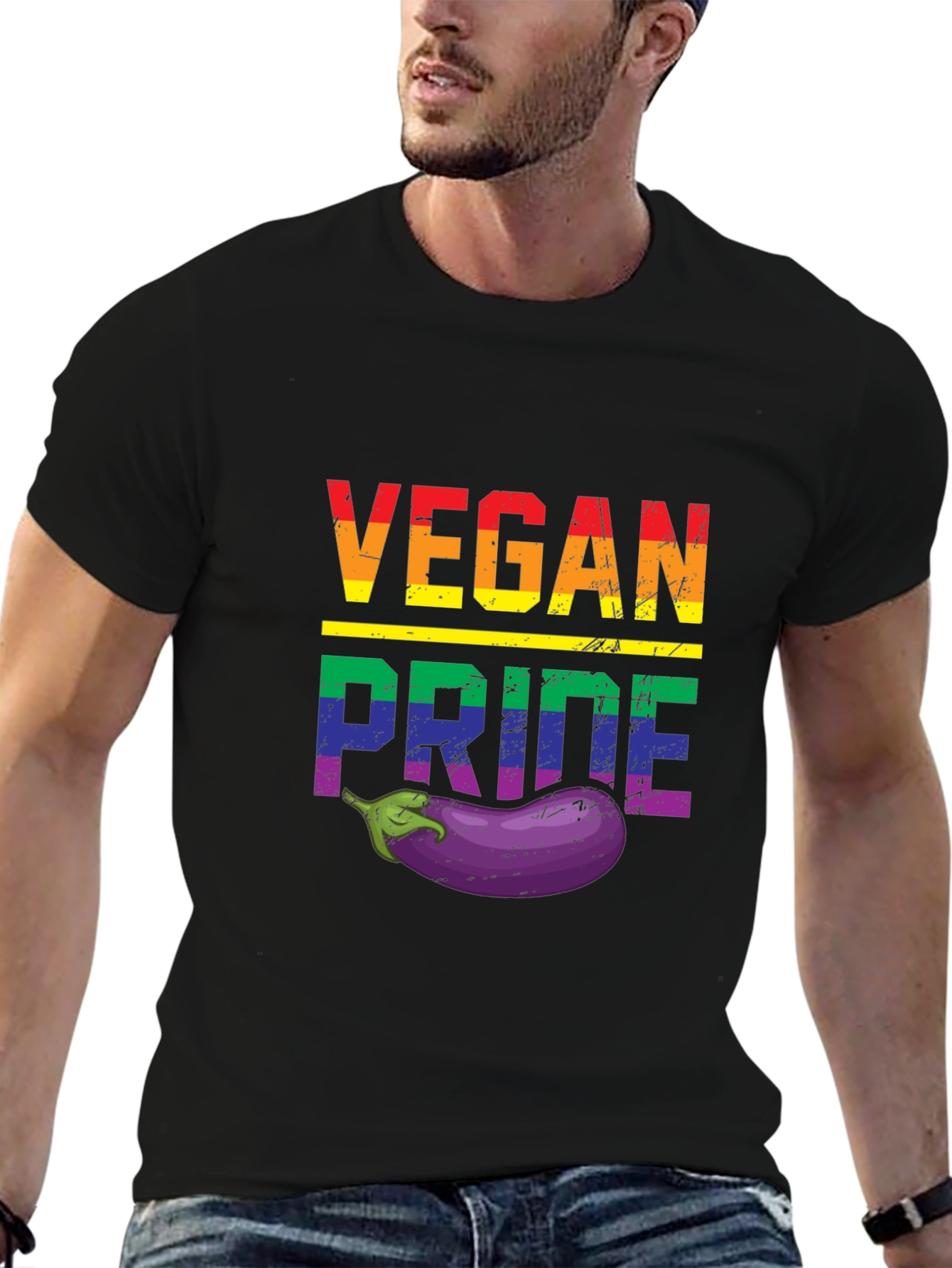 Black Vegan Pride T-Shirt with Eggplant view 6
