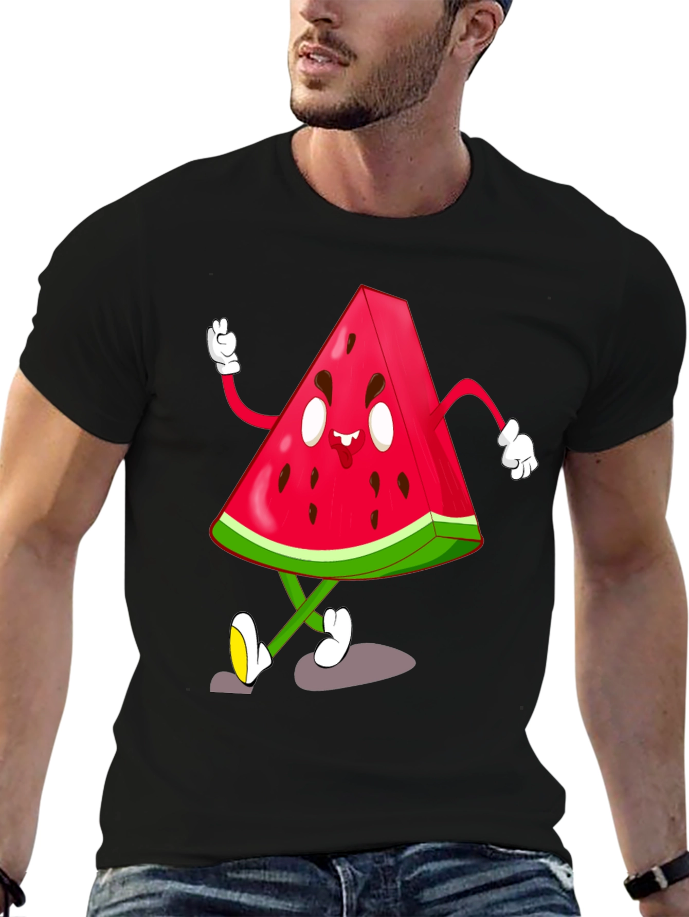 Black Watermelon Cartoon Graphic Black T-Shirt view 6