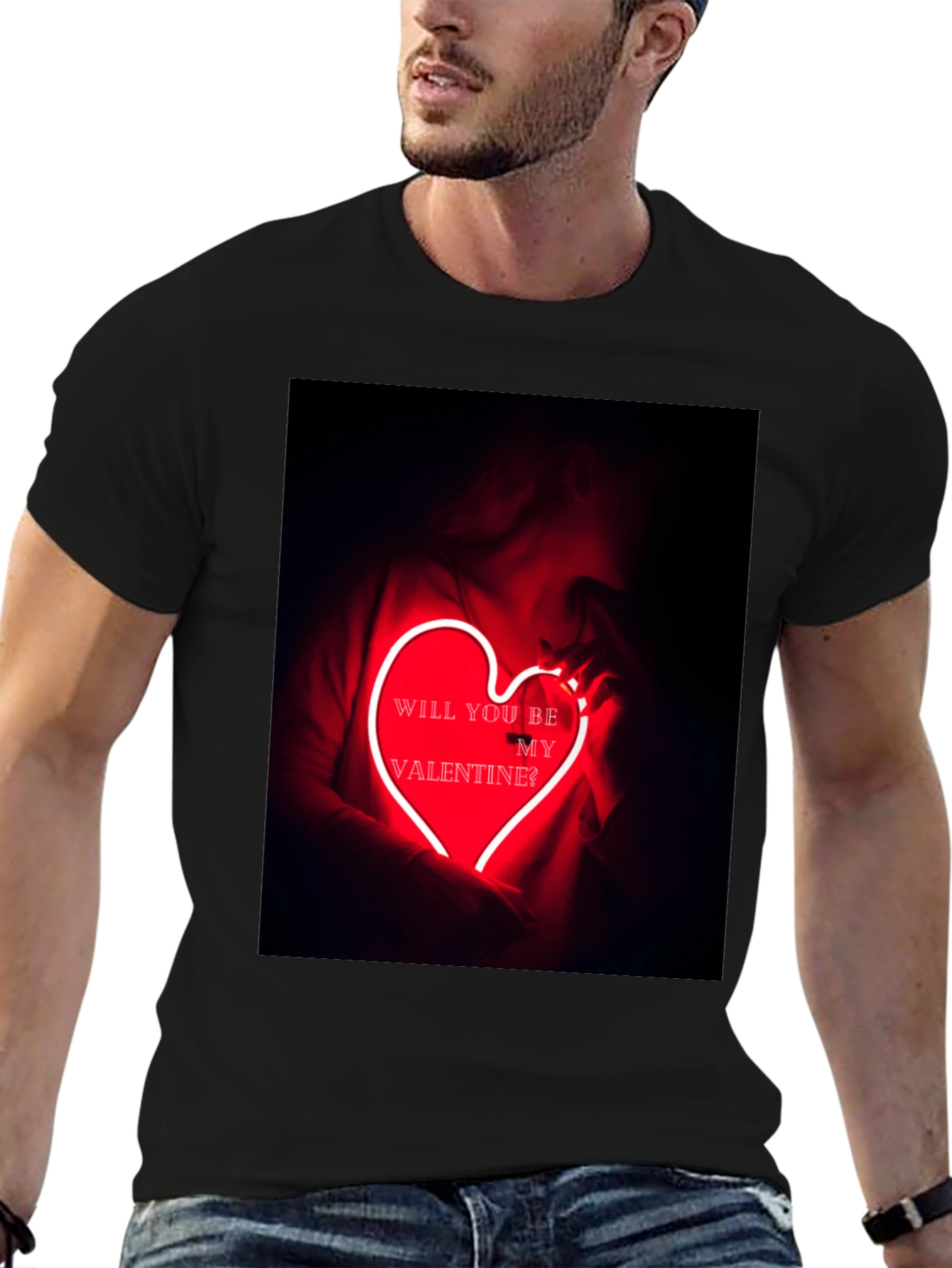 Black Valentine's Day Graphic Tee - Neon Heart T-Shirt view 6