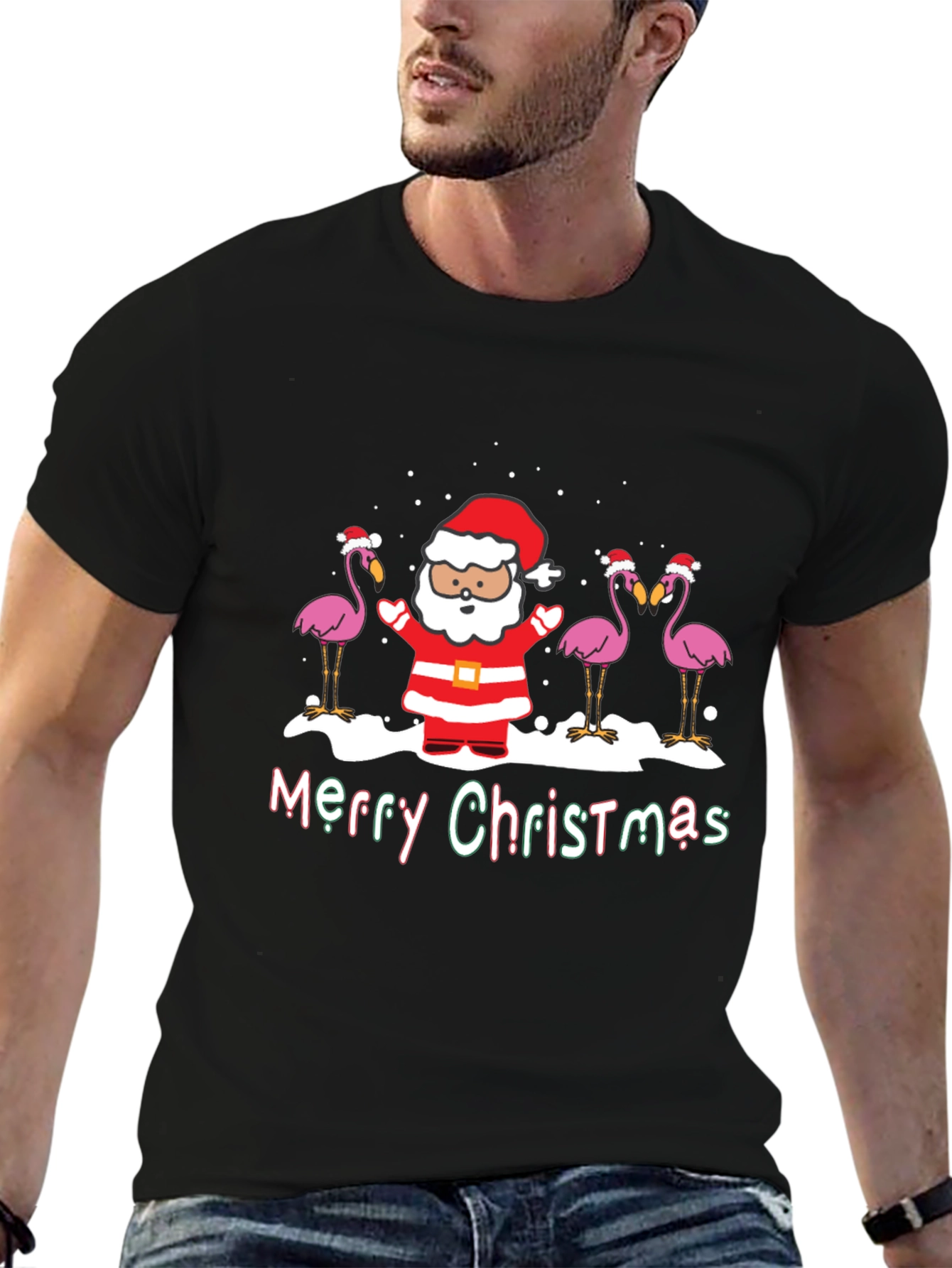 Black Merry Christmas Flamingo Santa Graphic Tee view 6