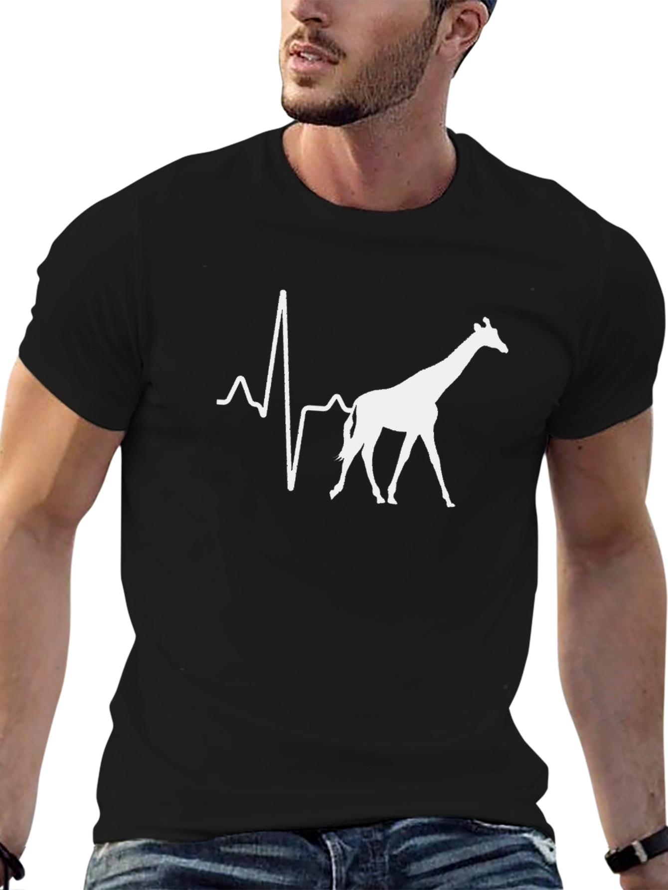 Black Giraffe Heartbeat Graphic Tee - Black Cotton T-Shirt view 6