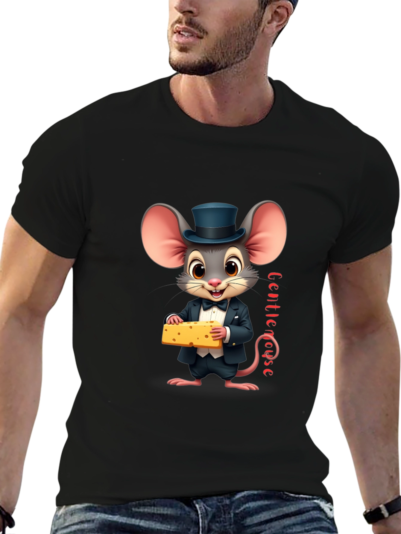 Black Gentle Mouse Cheese T-Shirt - Funny Cartoon Tee view 6