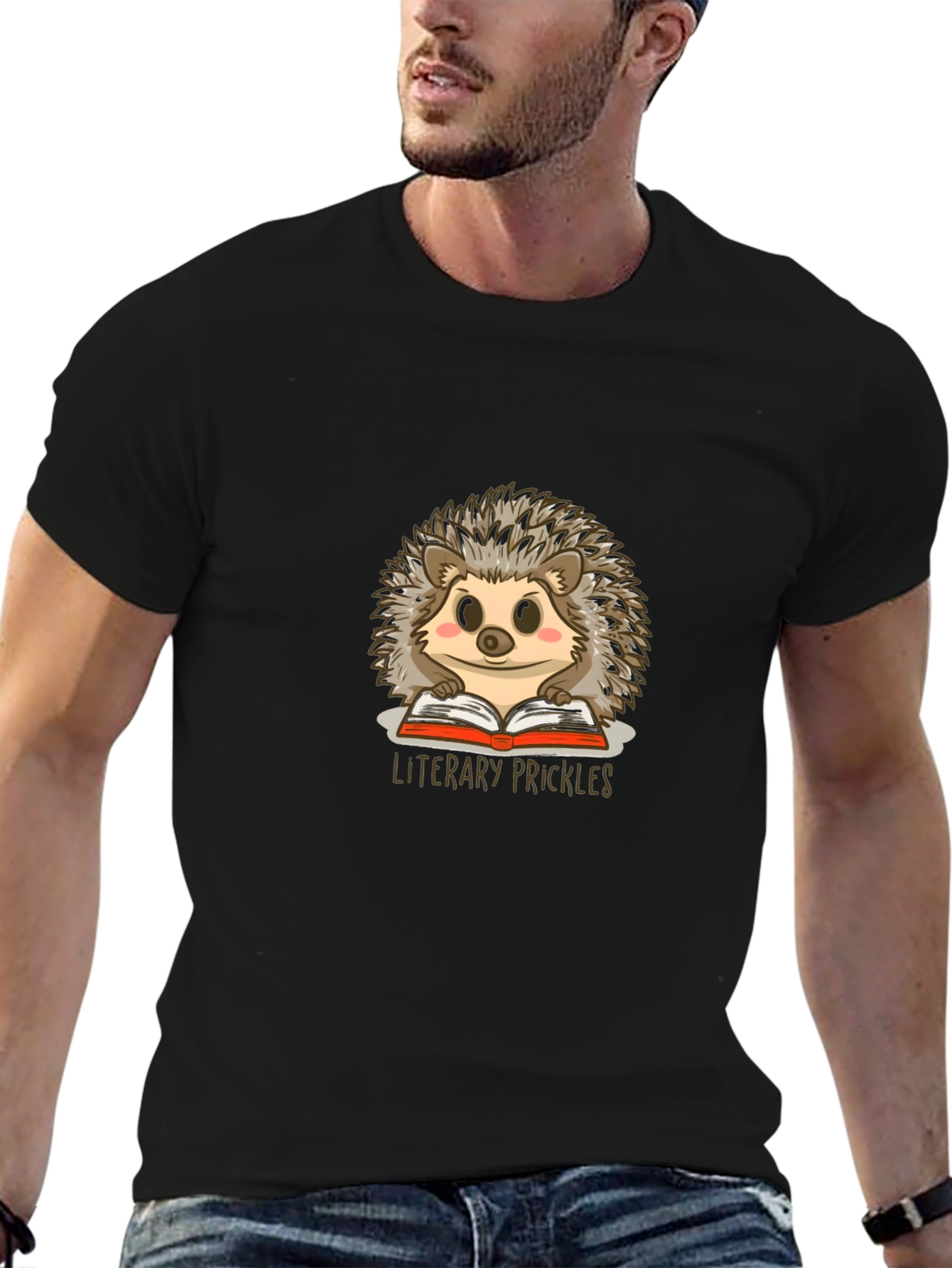 Black Literary Prickles T-Shirt - Hedgehog Book Lover Tee view 6