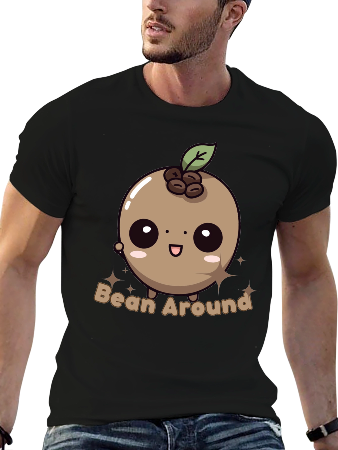 Black Bean Around T-Shirt - Kawaii Coffee Bean Design view 6