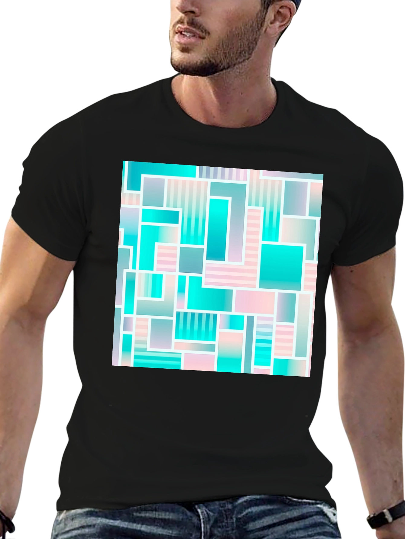 Black Geometric Abstract Teal & Pink T-Shirt view 6