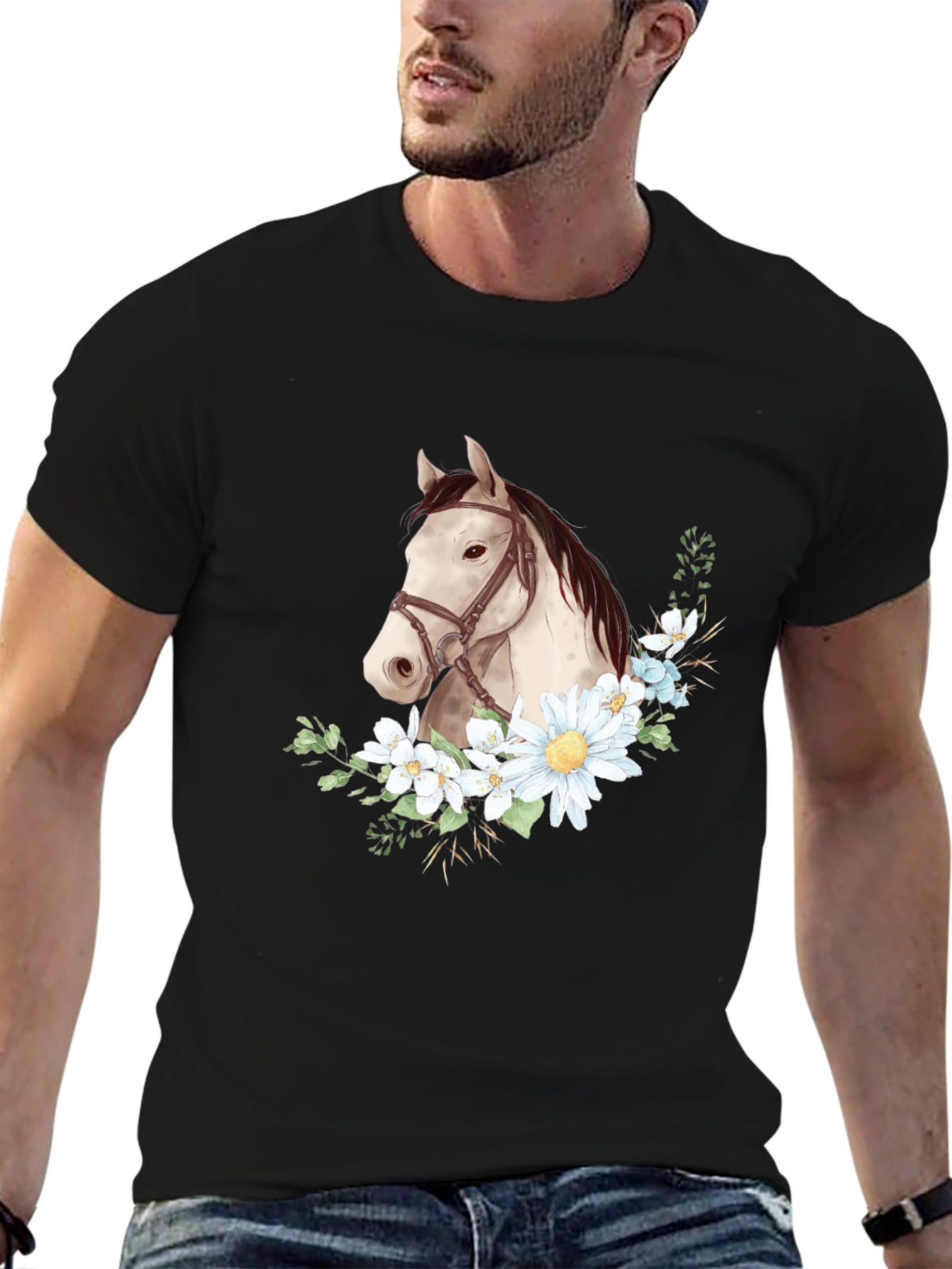 Black Horse & Floral Graphic Tee - Black view 6