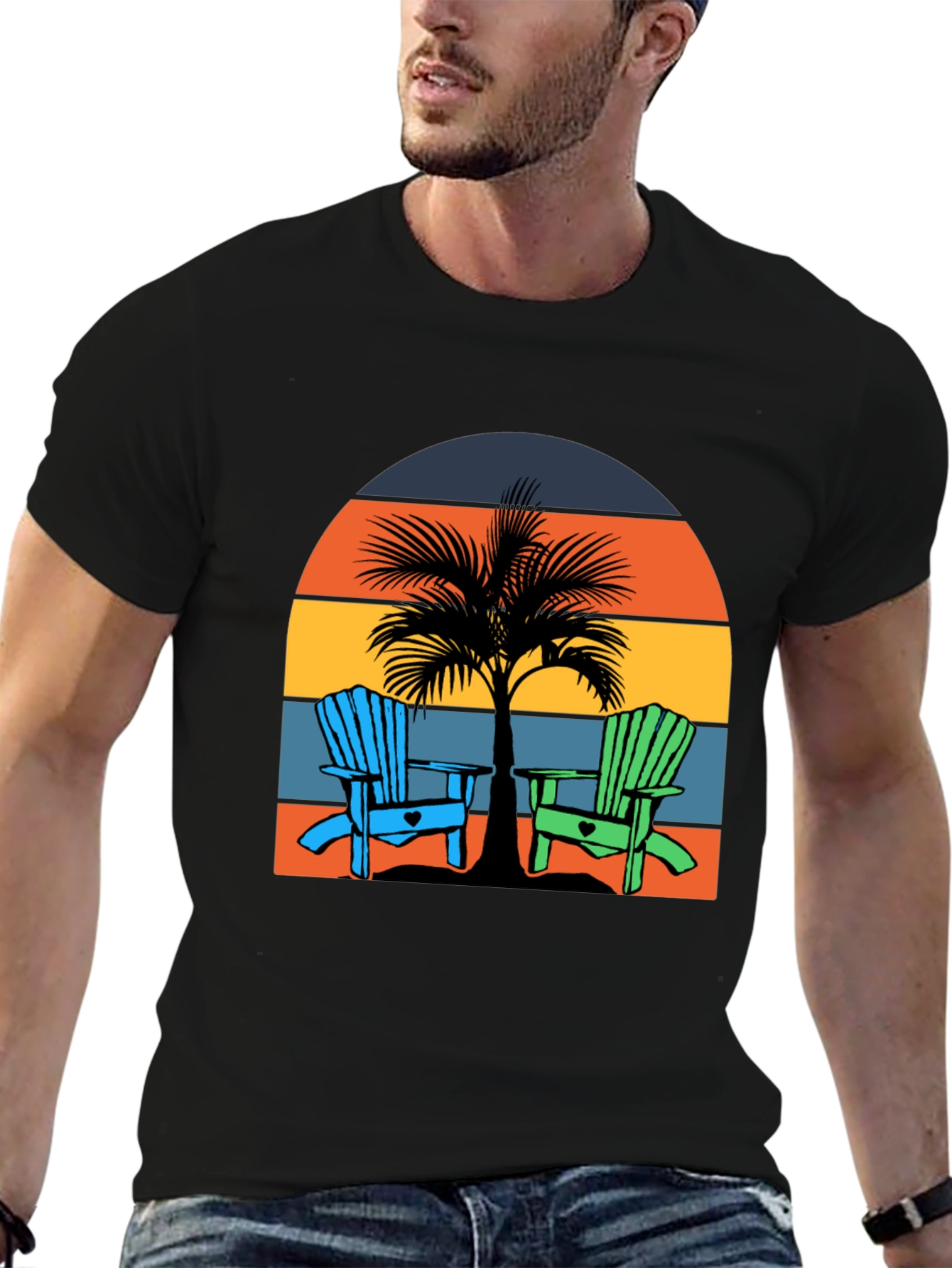 Black Beach Chair Palm Tree Graphic Tee - Coastal Vibes! view 6