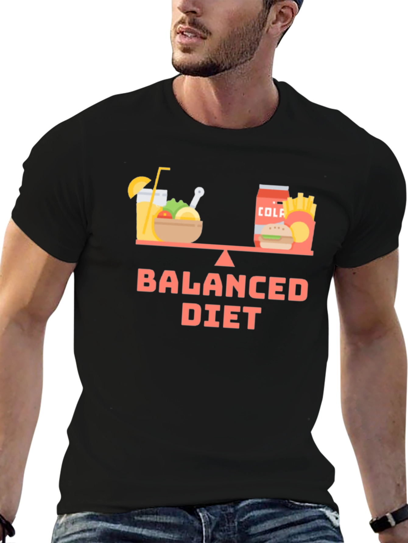 Black Balanced Diet T-Shirt - Funny Foodie Tee view 6